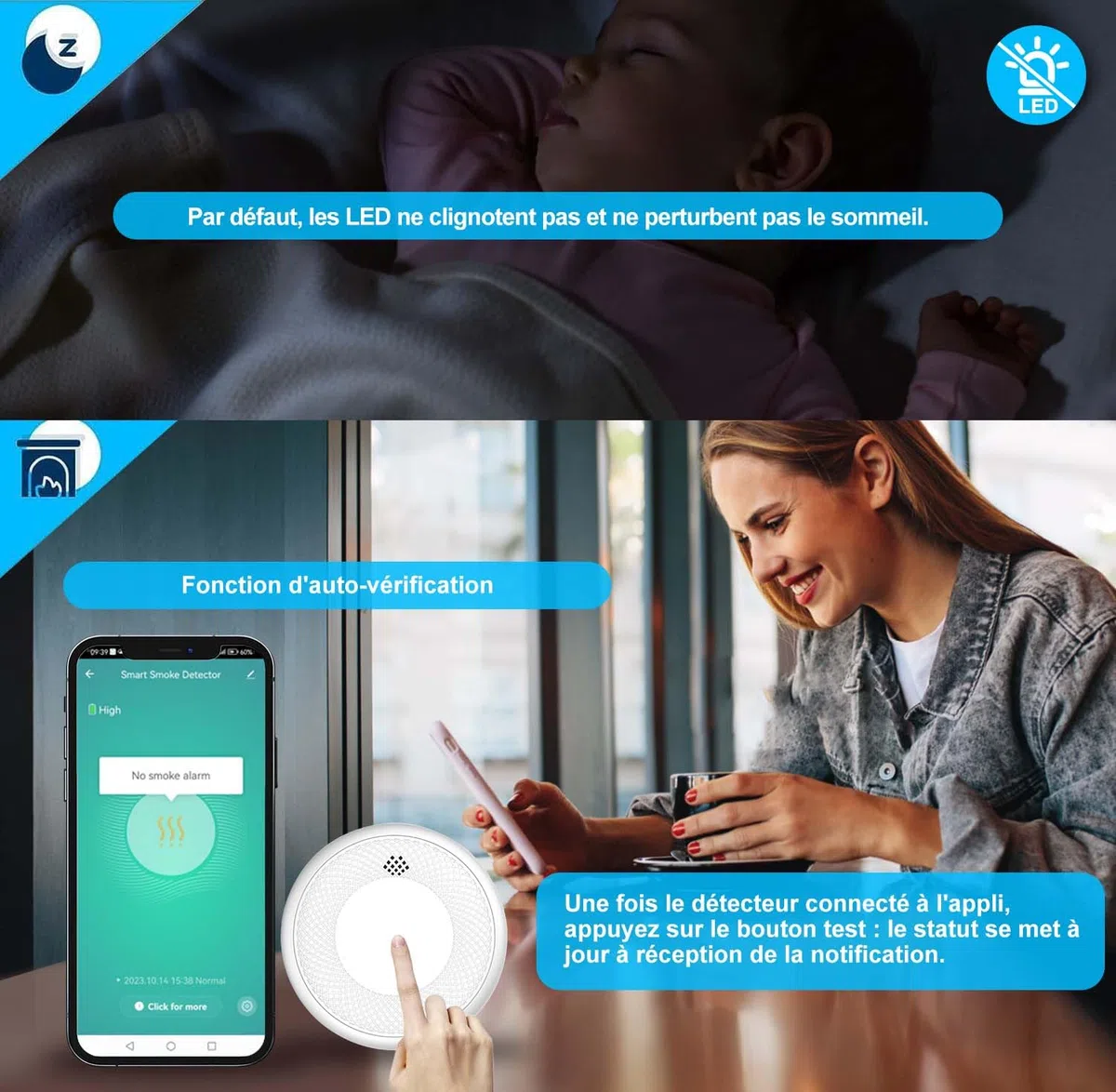 Détecteur de fumée Wi-FI Intelligent, Batterie de 10 Ans avec Notification d'App, Fonction silencieuse et Auto-Test, Conforme à la Norme en 14604 (Compatible avec l'App Tuya/Smart Life)-1 pièces