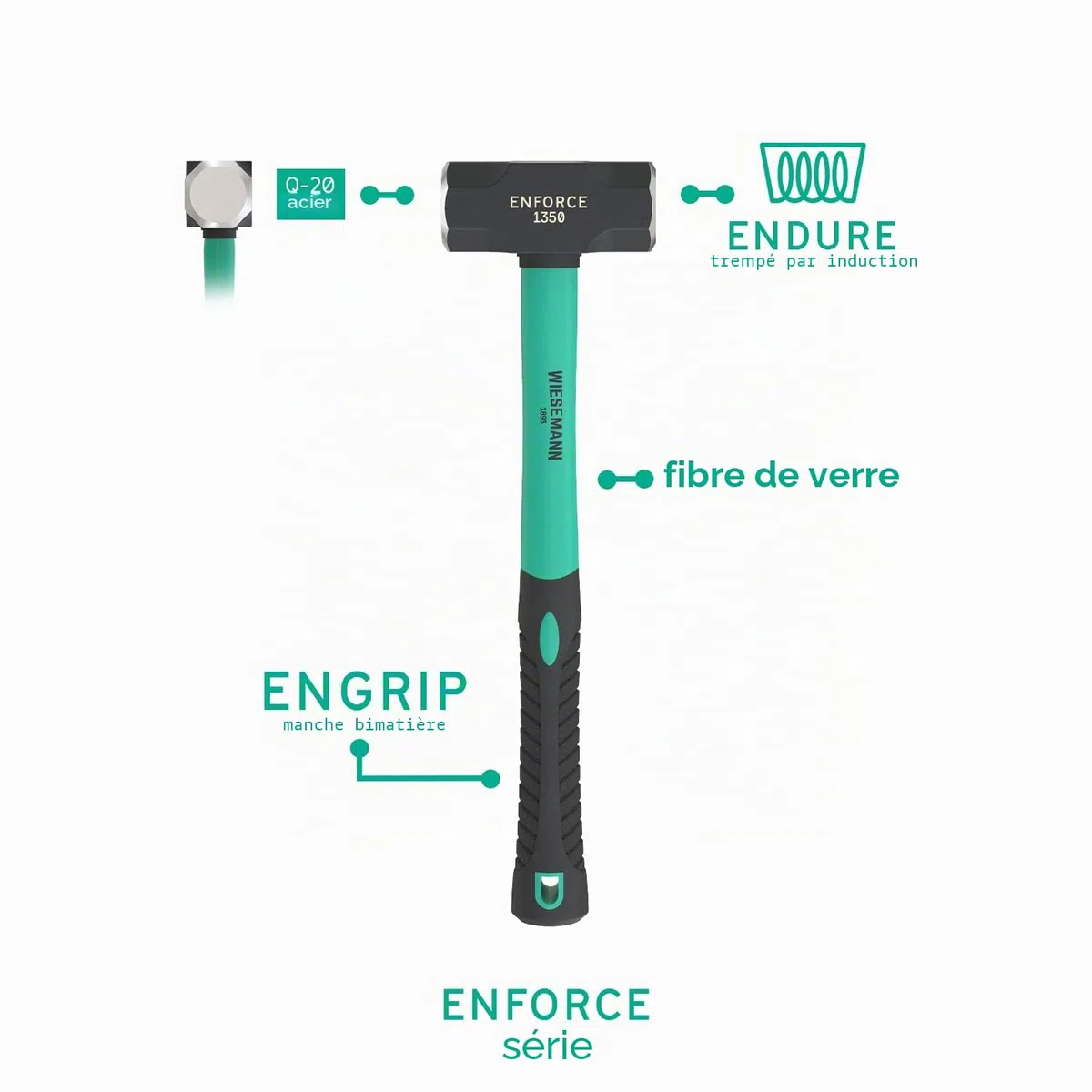 Massette très longue 3LB (1,3 kg) avec manche en fibre de verre 2K par WIESEMANN 1893 | gamme ENFORCE | tête forgée et trempée par induction | 80478