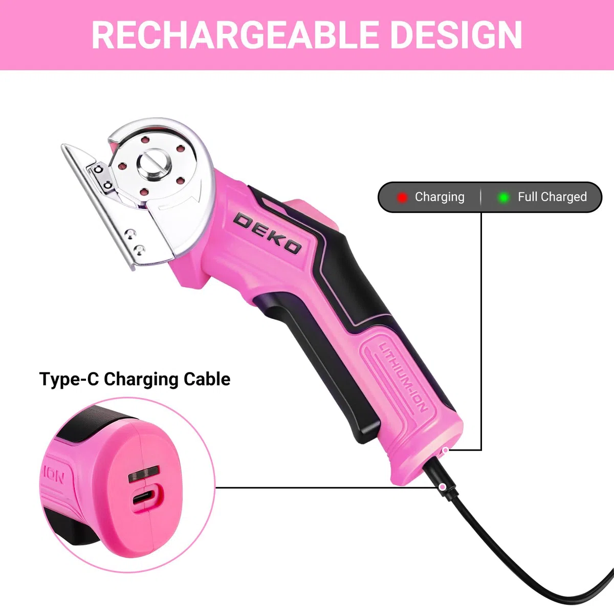 DEKOPRO Ciseaux Electrique Rotatif Couture: 3.7V Ciseaux Électrique sans Fil avec 2 Lames, Coupe Carton Puissant, pour Tissu, Cuir, Tapis, Plastique, DIY & Couture