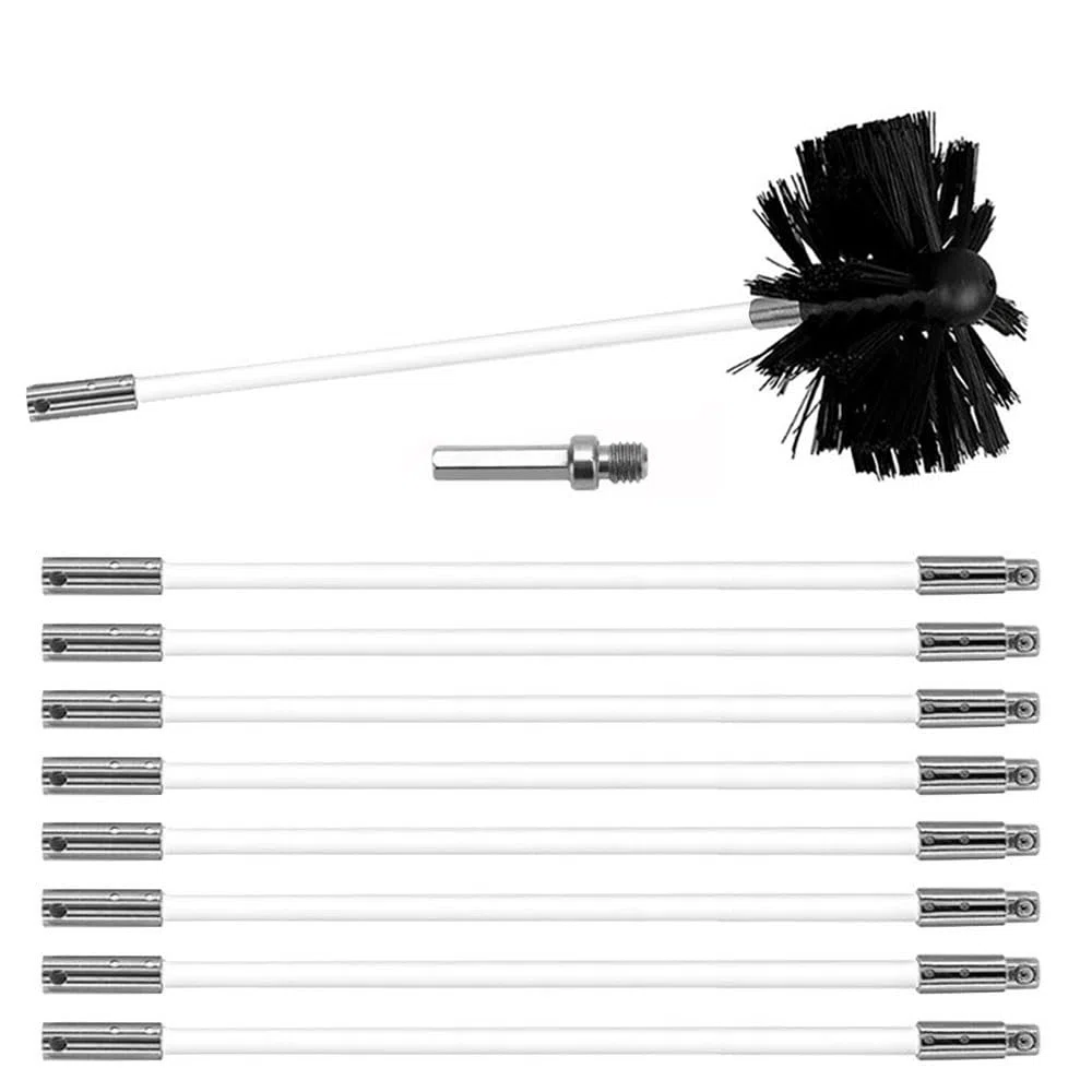 Kit de Broussailles de Nettoyage de Cheminée Ensemble de Brosse de Cheminée Réglable Brosse Nettoyage Ramonage Outil avec 9 Tiges Flexibles 1 Tête de Brosse 150mm