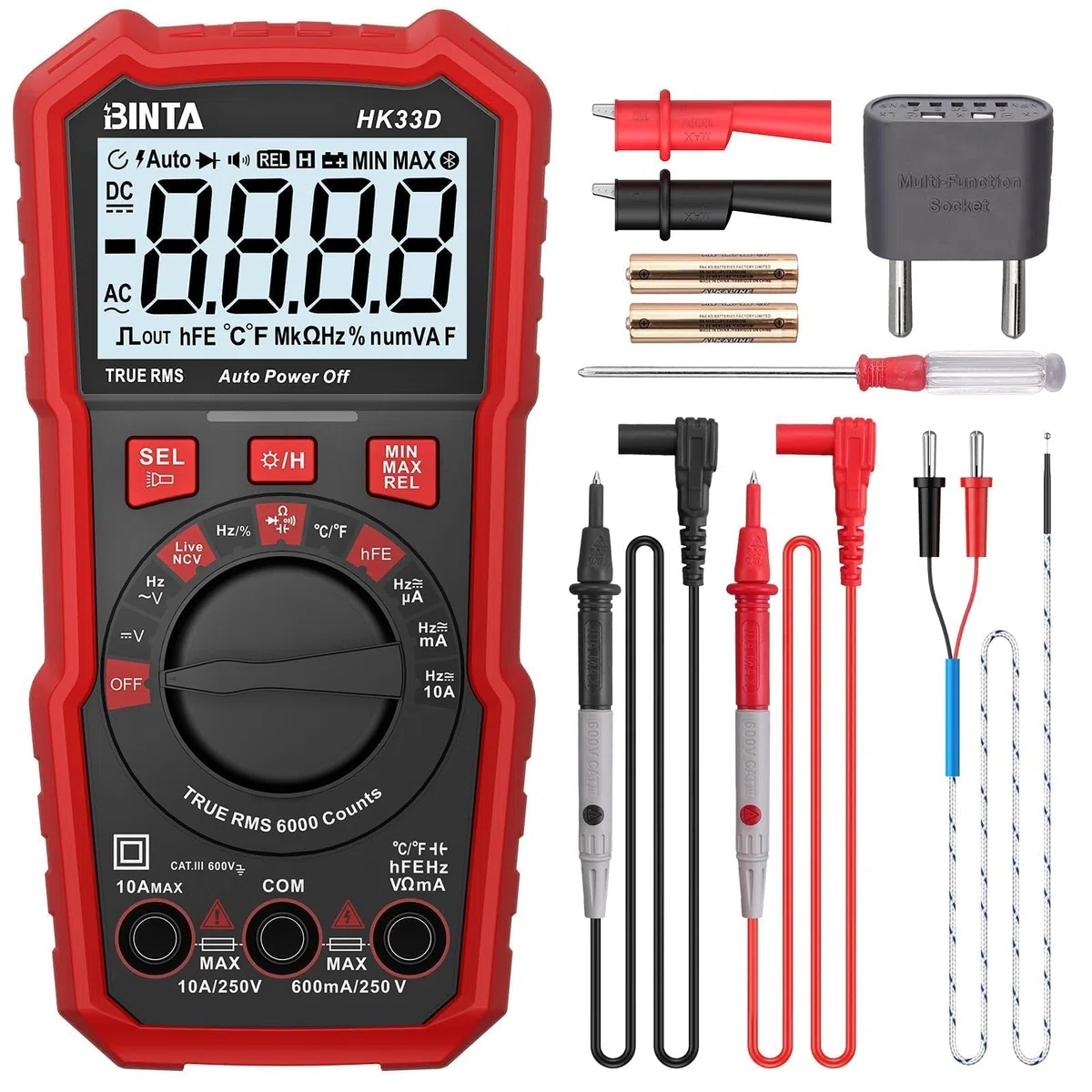 BINTA Multimètre Automatique Numérique 6000 Comptes avec Écran LCD Tension AC/DC, Capacité, Résistance, NCV Live, HFE, Mesure des Transistors, Rapport Cyclique pour Automobile, Maison et Industrie