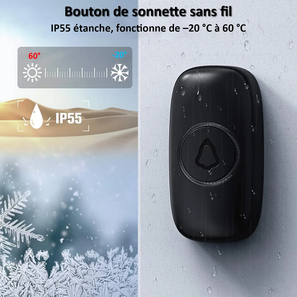 SECRUI Sonnette Sans Fil Exterieur Etanche, Doorbell Avec 2 Récepteurs + 1 Émetteur À Pile, 58 Mélodies Carillon, 5 Niveaux Volume 120 dB, LED, 300m Longue Portée Sonette Pour Maison,Appartement, Noir