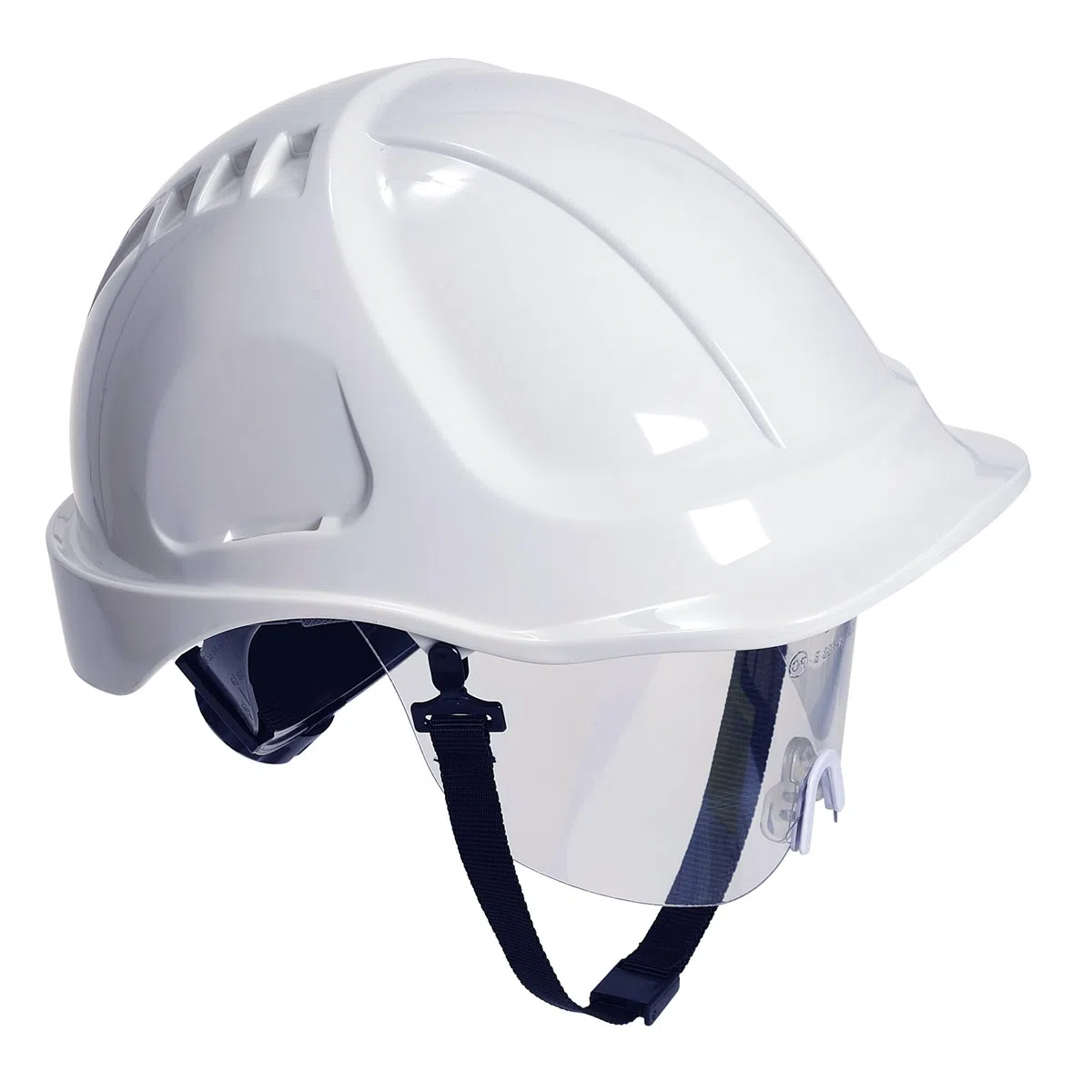 Portwest PW54 Endurance Plus Casque de Chantier à Visière Rétractable Casque de Sécurité Électricien Coque ABS Non Ventilée Harnais 6 Points Visière de Protection Isolation Électrique BTP, Blanc