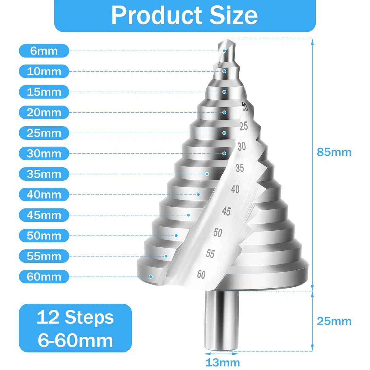 JIZZU Foret Étagé Ø 6-60 mm, Foret Étage Metal HSS (Acier Rapide), Fraise Etage Metal Revêtement en Titane, Pour le bois, le plastique, les tôles métalliques (3 mm)