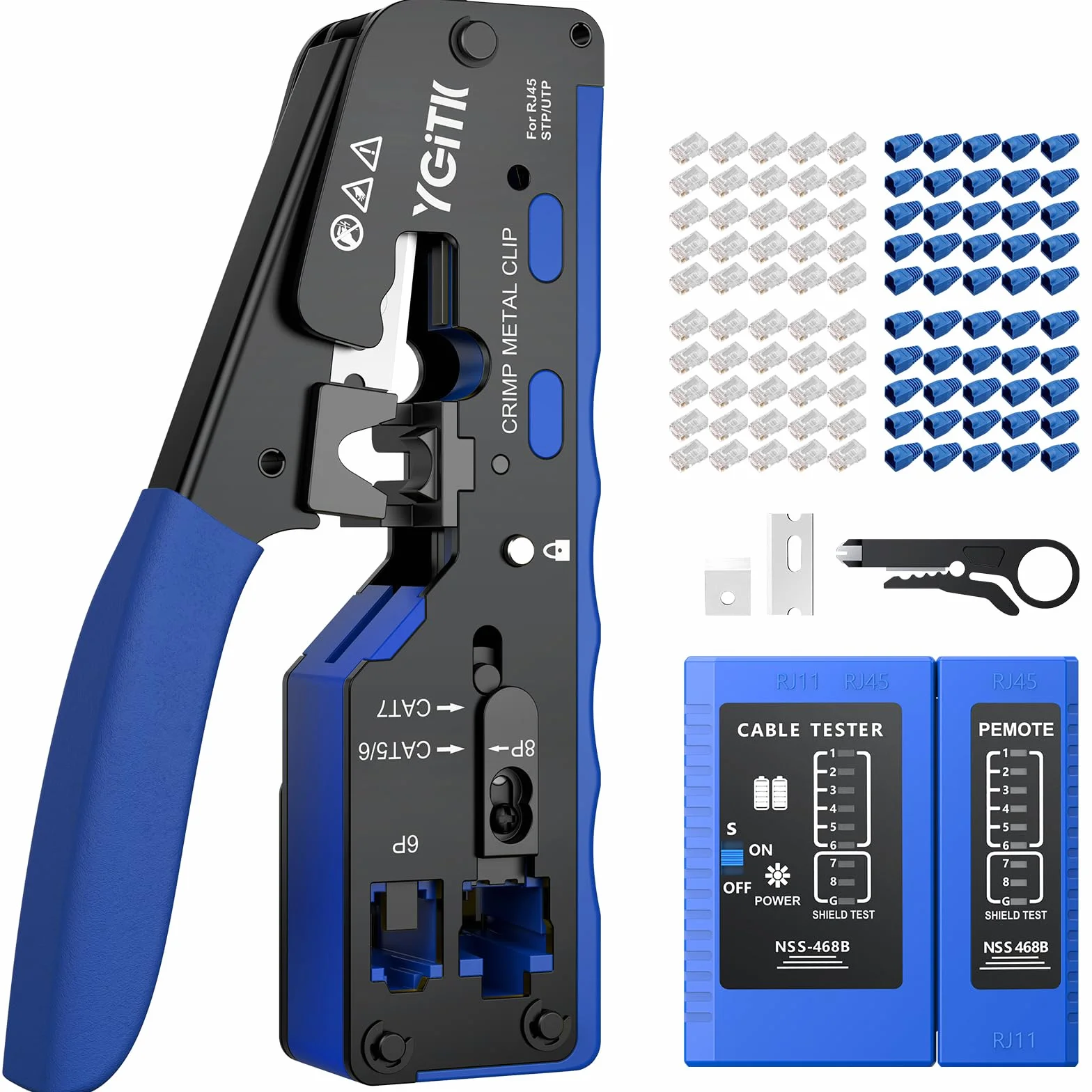 RJ45 Pince à Sertir Kit d'Outils de Sertissage RJ45 Réseau avec 50Pcs Connecteur RJ45 pour Câble Droit CAT6 et Nid de Sertissage 8P pour Connecteur Réseau CAT5/CAT5E/CAT6/CAT6A/CAT7/CAT7A