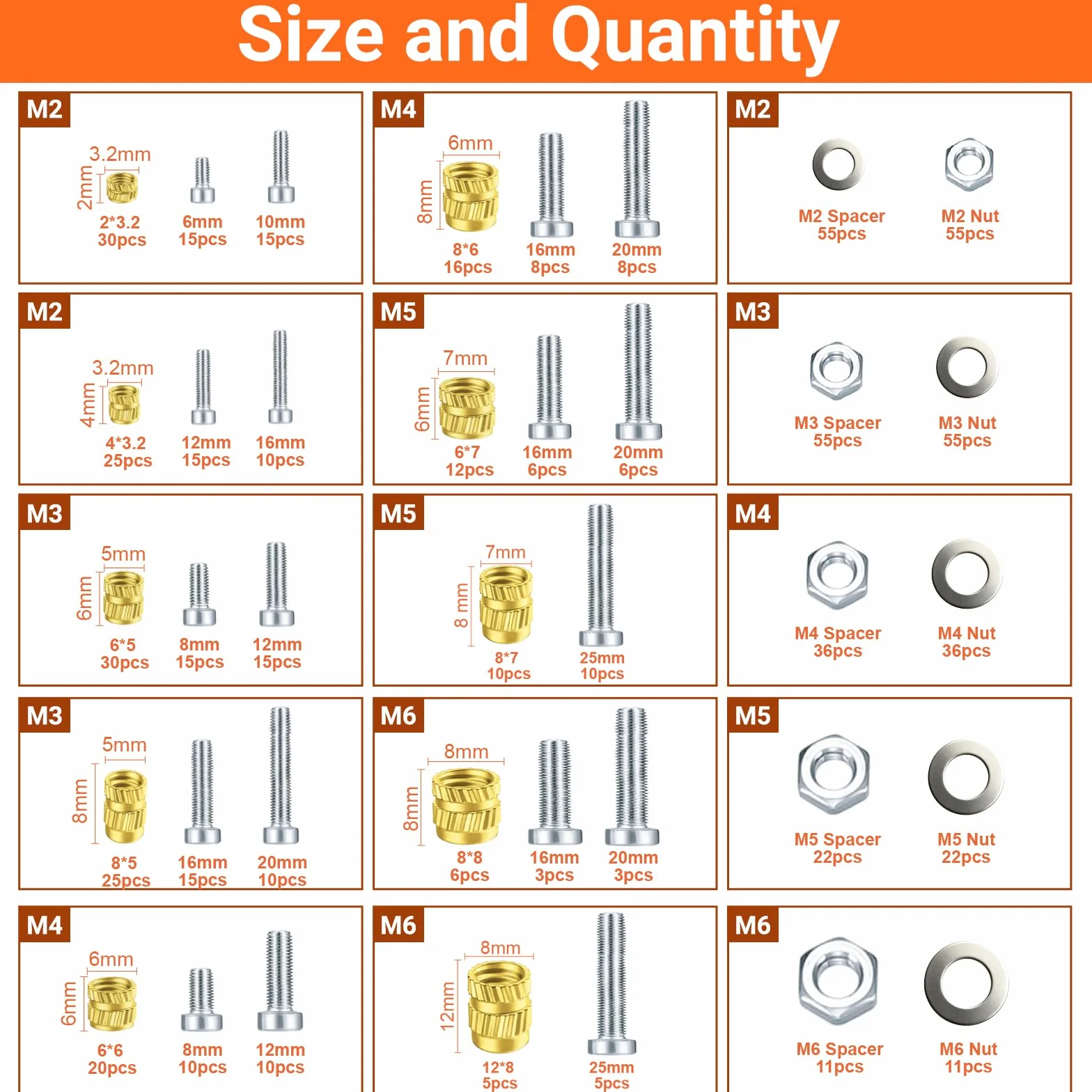 M2-M6 Insert Fileté Metal,Preciva 716Pièces Inserts Filetés,Kit de Fer à Souder pour Insert Impression 3D,M2-M6 Écrou Stable pour Plastique,Pièces en Laiton Imprimées en 3D par Fusion Thermique