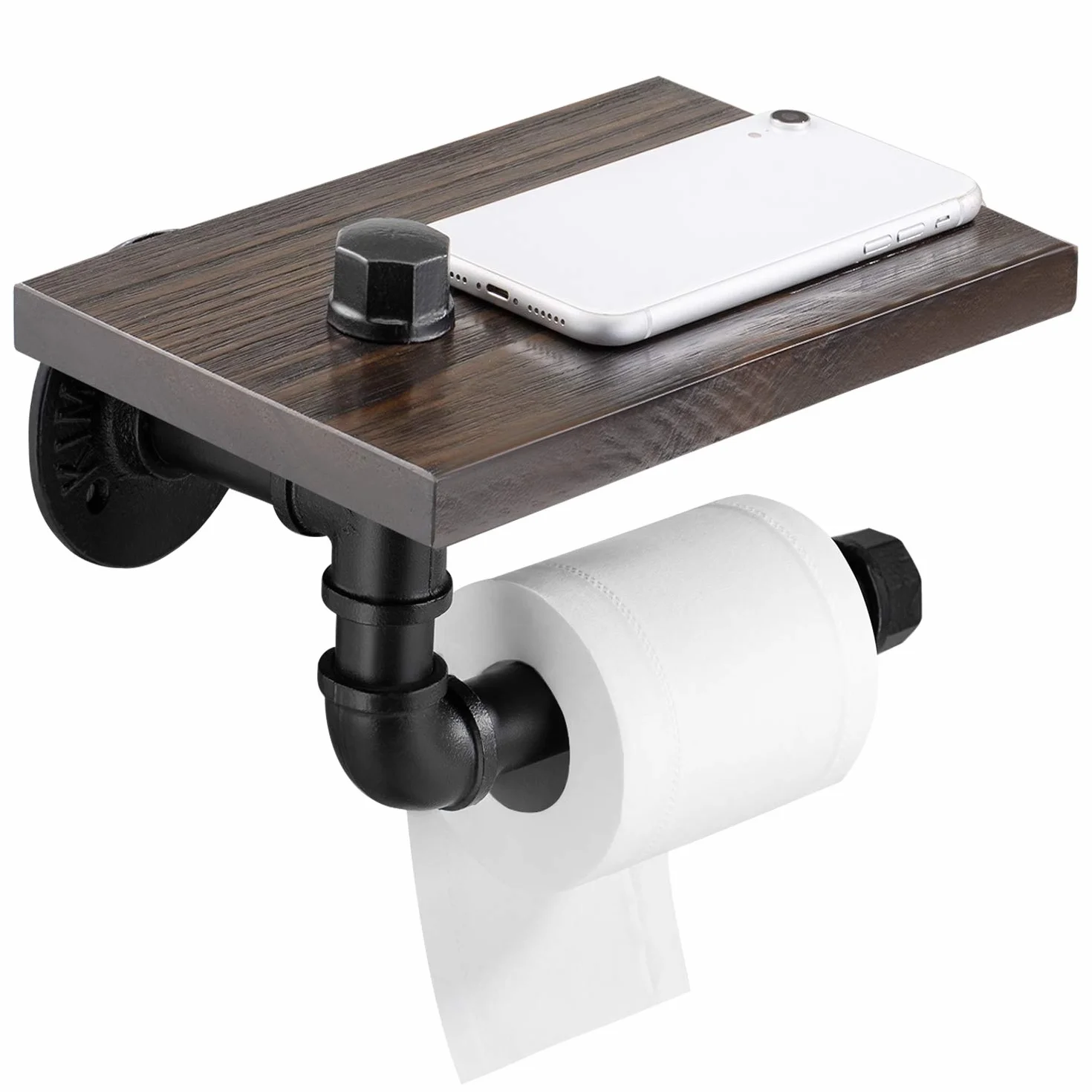 Elibbren Porte-papier toilette industriel pour salle de bain, avec étagère en bois rustique et tuyau en fonte