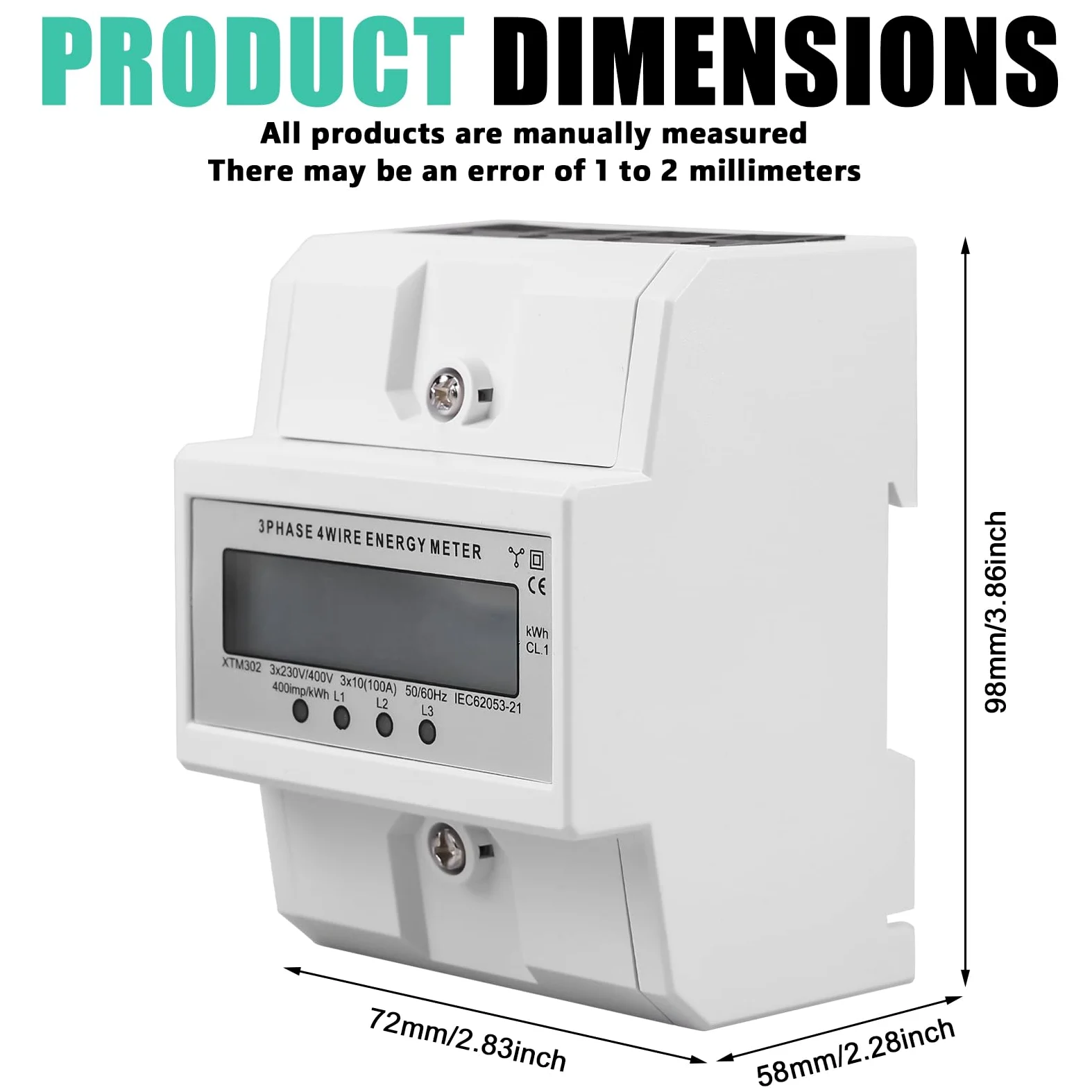Compteur d'électricité triphasé, compteur triphasé 100 A, compteur d'électricité calibré avec affichage LCD, compteur d'électricité numérique 50/60 Hz, triphasé, 4 fils, pour rail DIN, sous-compteur,