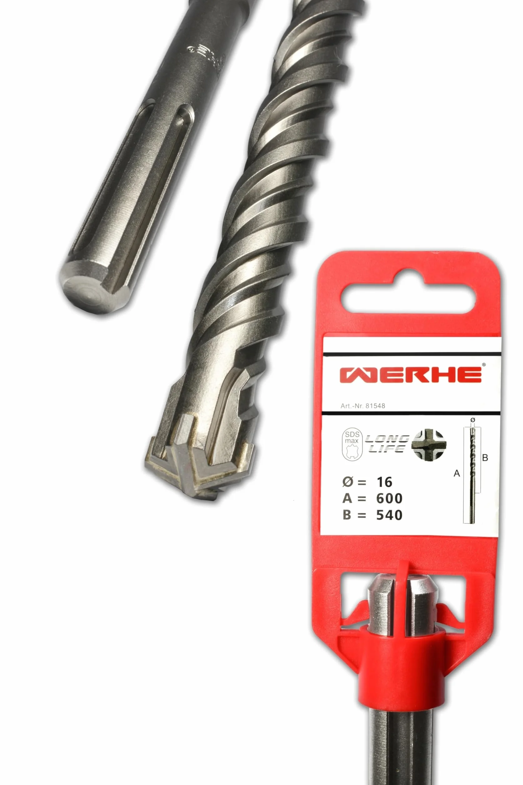 WERHE Forets à béton SDS MAX 16 x 600 mm - Forets à pierre pour perceuse - Forets marteaux pour le perçage du béton et de la brique - Quatre lames avec double hélice et pointe en carbure de tungstène