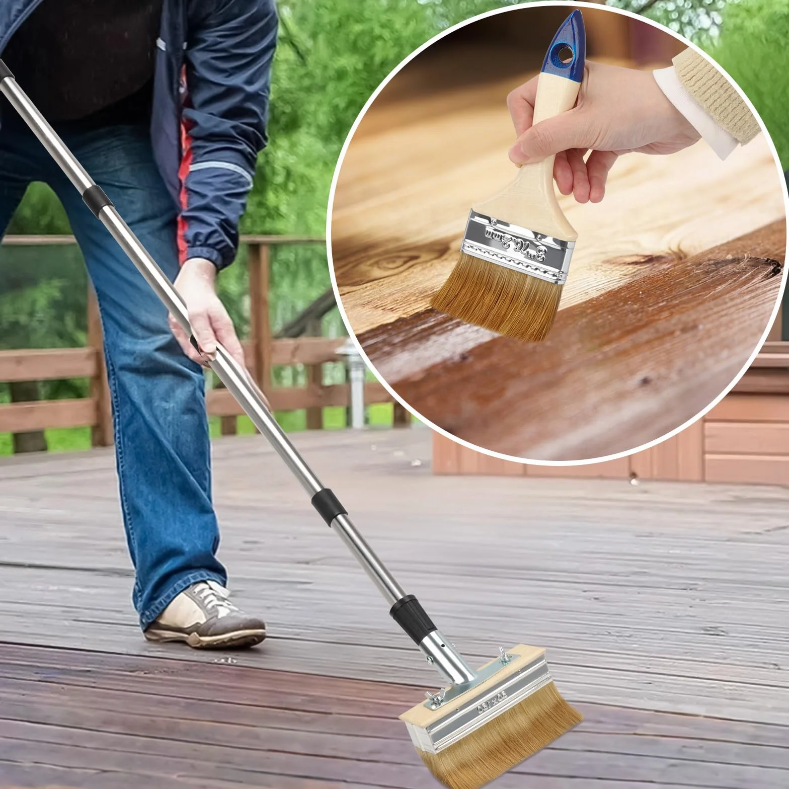Pinceau Plat avec Long Manche 50x150cm, 3 pollici Pinceau de Peinture pour Terrasse avec Poils épais, Grande Brosse à Tache pour Terrasse en Bois Extérieur, Appliquer de l'huile et Teinture