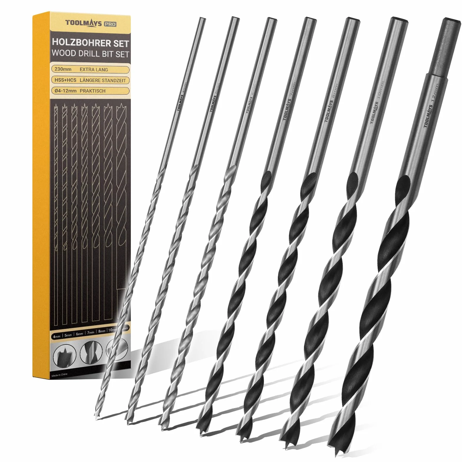 Foret Bois Long 7PCS Set, Jeu de Forets à Bois HSS-G, Meche Bois Longue Ø 4mm, 5mm, 6mm, 7mm, 8mm, 10mm, 12mm x 230mm