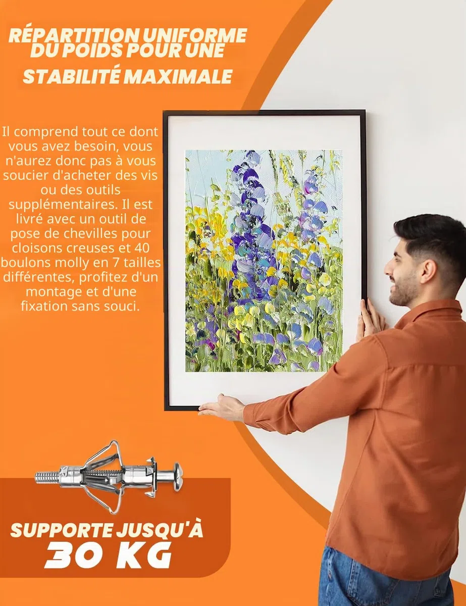 Kit Complet de 40 Pièces : Pince Professionnelle pour Chevilles Molly Métalliques avec Vis, Tailles M4/M5/M6 - pour Placo et Mur Creux