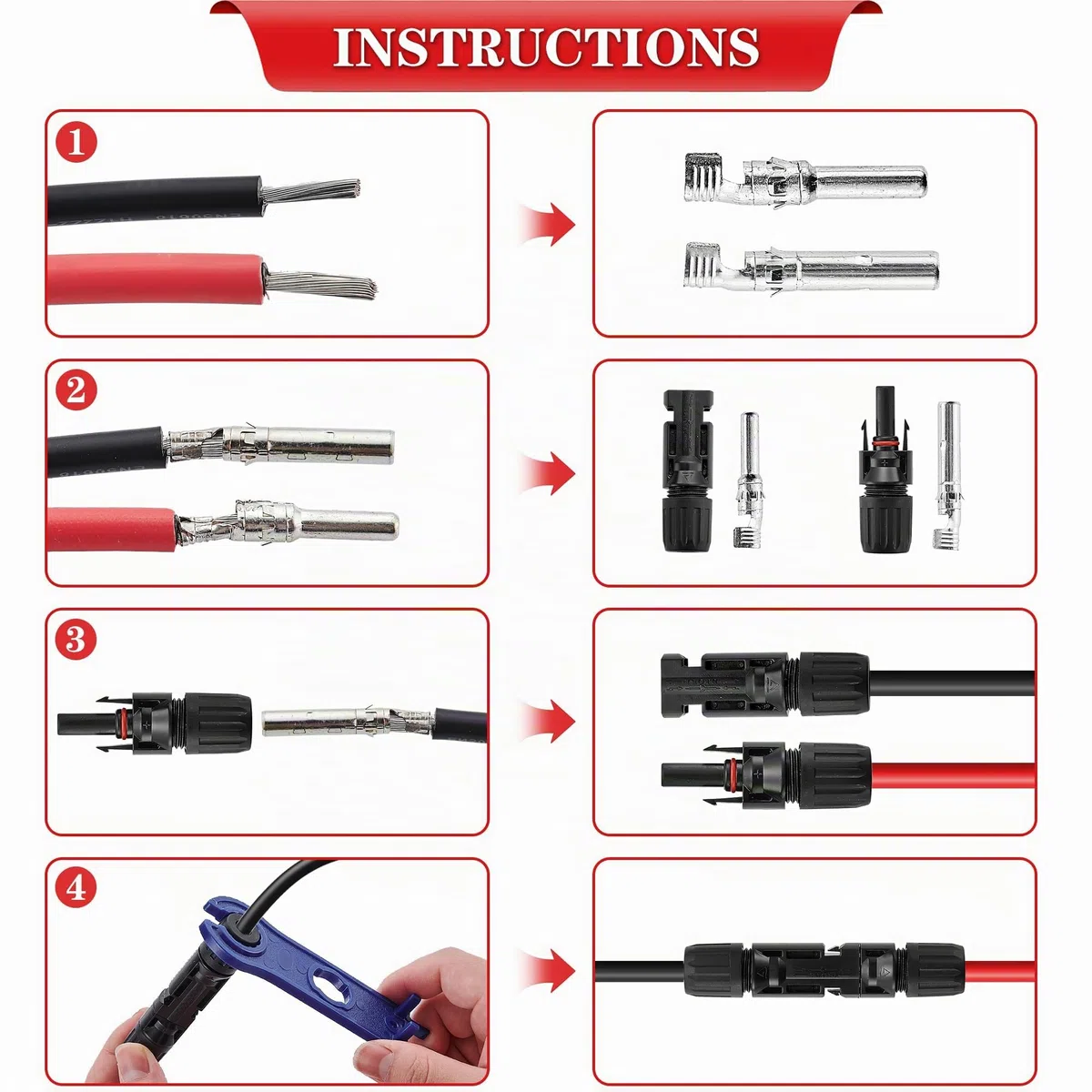 Pince à Sertir, Outils de Sertissage Solaires Pour 2,5/4/6 mm² Solaire Cable avec 10 Paires de Connecteurs Solaires, Pince a Sertir, 2 Clés, pour l'assemblage des Câbles des Panneaux Solaires