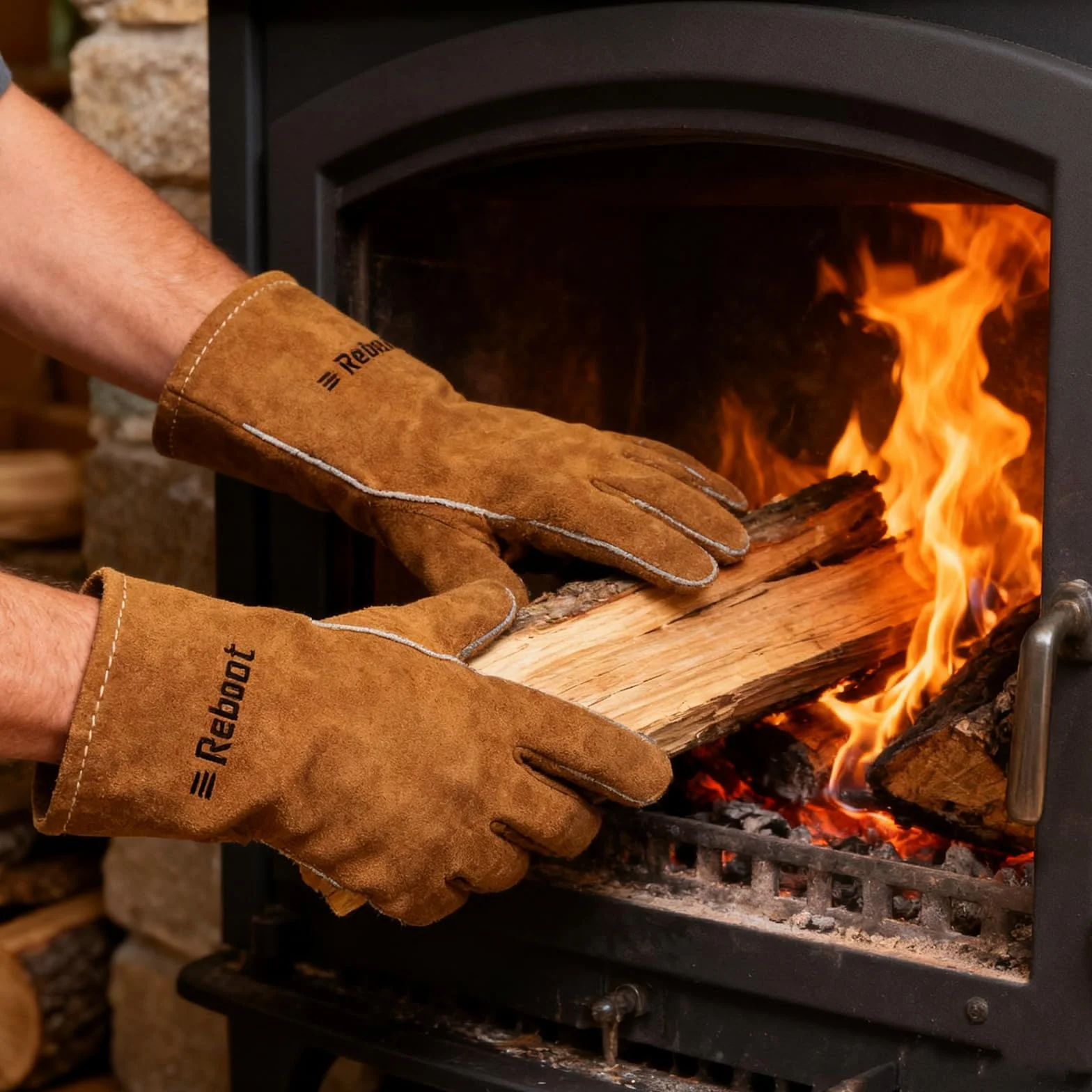 Reboot Gants de Soudage Résistants à la Chaleur Anti-Feu - Pour Brûleurs à Bois, Cuir Fendu de Vache, Gréeur, Barbecue, Four à Bois - 16"