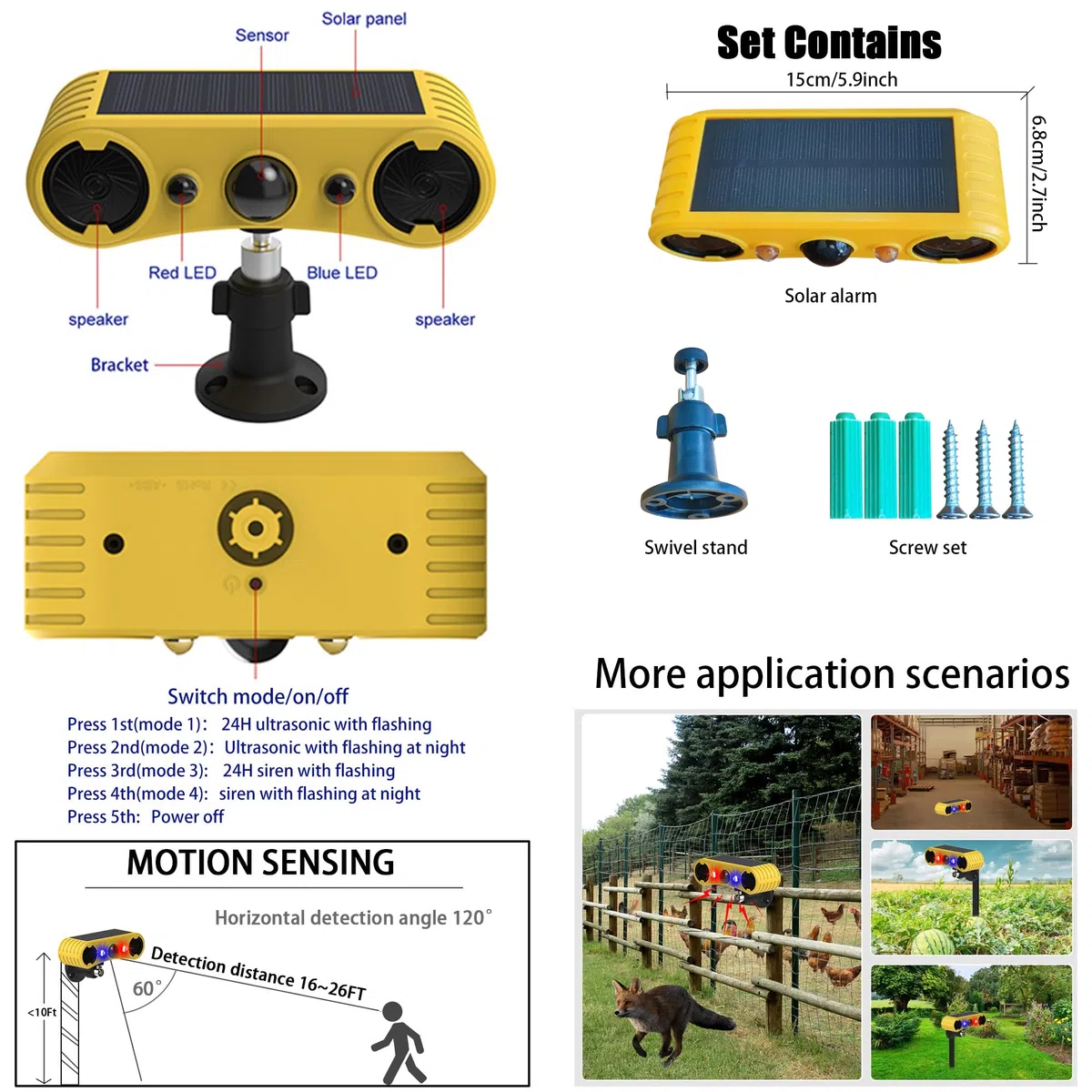 Alarme de détecteur de Mouvement Solaire extérieur - Alarme sonore de Coup de feu d'aboiement de Chien, 2 * 129 DB de Puissance, 4 Modes, lumière Rouge et Bleue (4 Pack)