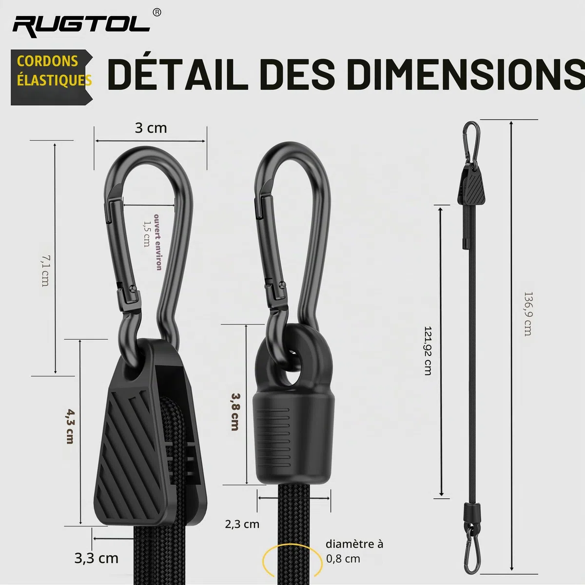 Réglables Tendeurs Élastiques avec Mousqueton, 6 Pcs 100% Latex Tendeur Élastique Robuste 120CM, Résistant aux Rayons UV Sandow Elastique avec Crochets pour Camping, Bâches, Tentes, Bagages, Moto