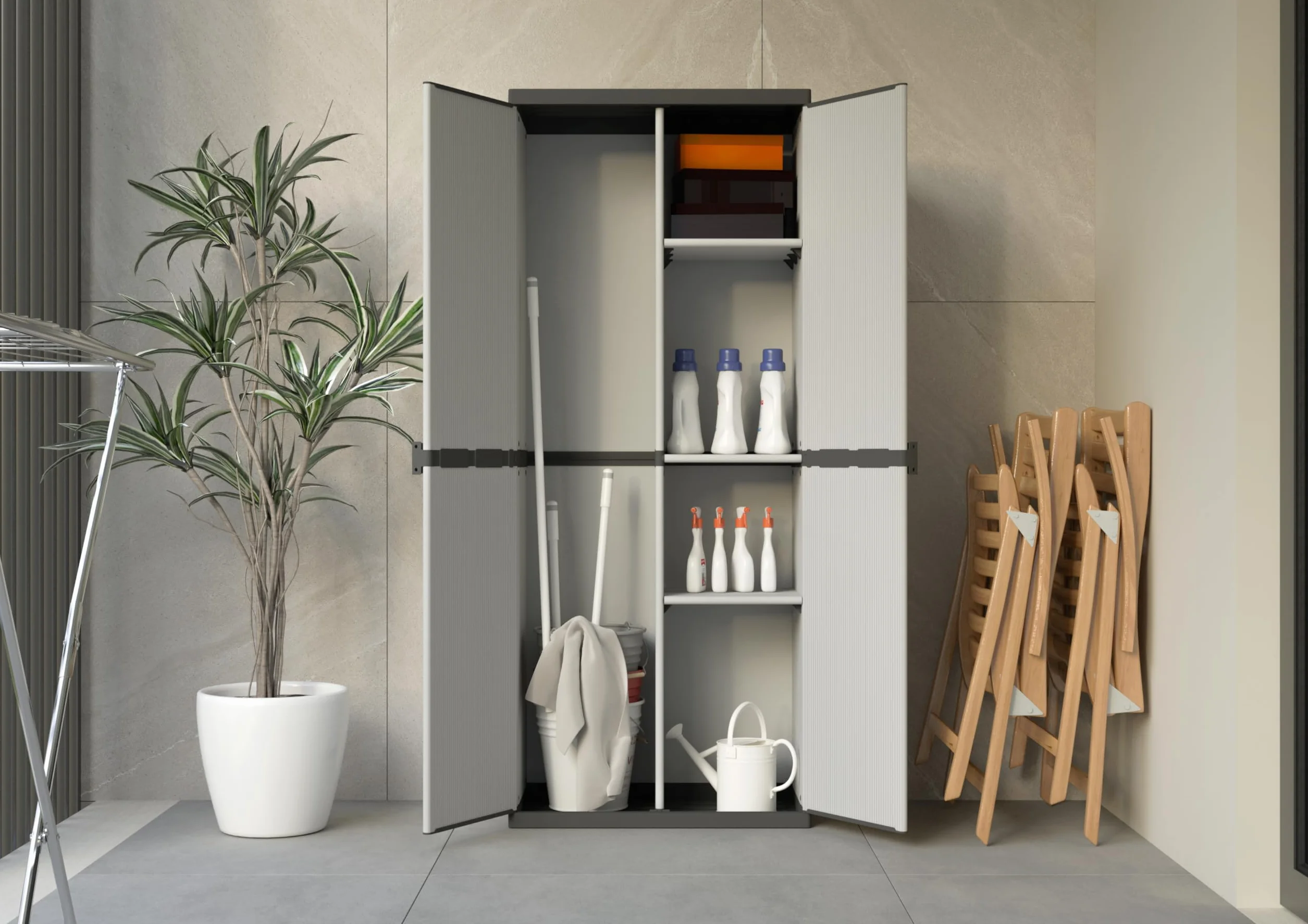 mongardi: Armoire Porte-Scope en résine de PVC et PP, 2 Portes, Facile à Assembler, système modulaire, Durable, adaptée aux environnements intérieurs et extérieurs, 68 L x 40 x 165 cm, Gris et Noir