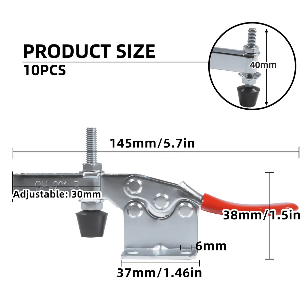 10Pcs Sauterelle de Serrage GH-201B 90Kg/198Lbs, Pince à Genouillère Horizontal, Pince à Bascule en Métal pour Fixation Serrage