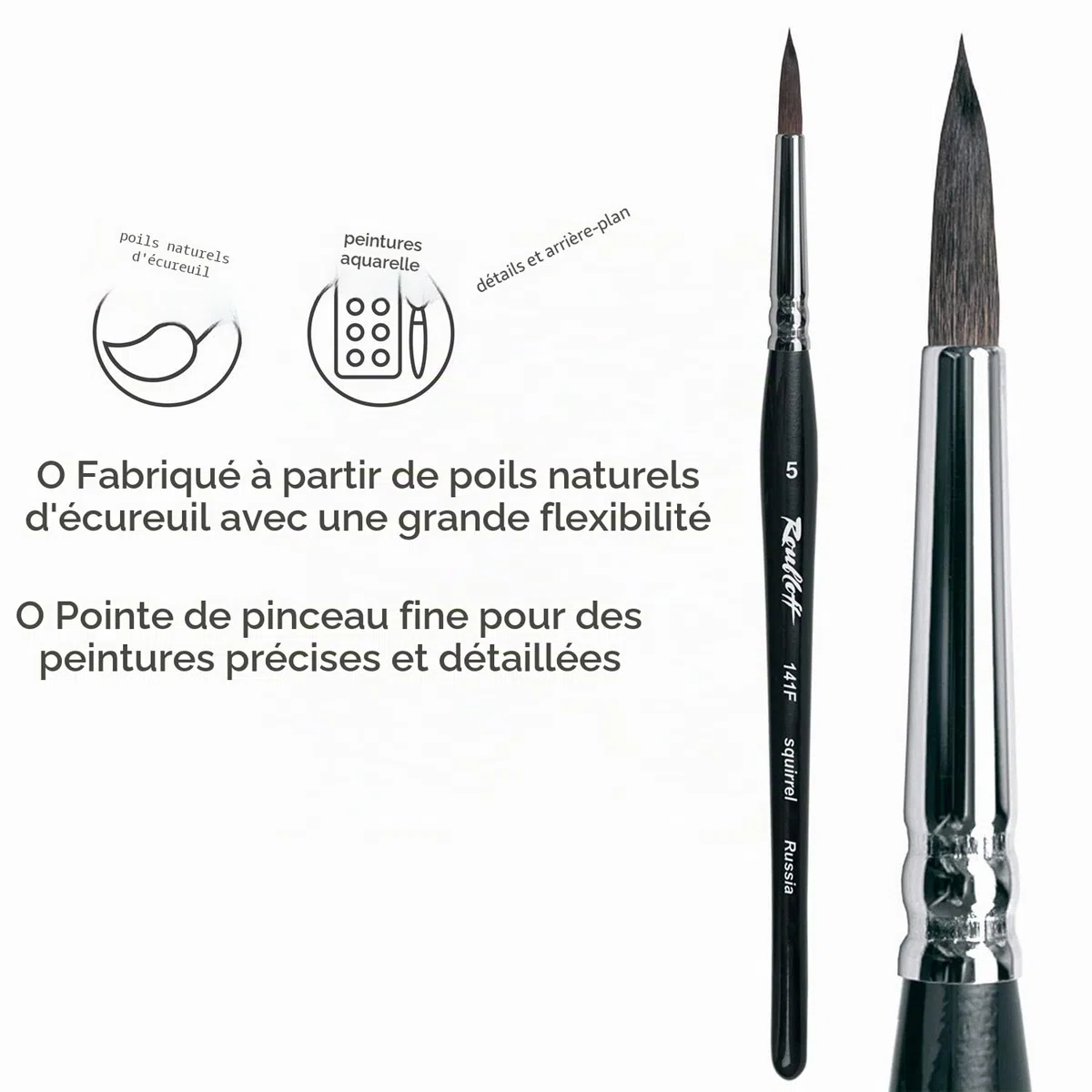 Set de 3 pinceaux peinture Roubloff, tailles 1-3-5 | Poils d'écureuil authentiques | Pinceaux à pointe ronde pour les aquarelles | Set 3 pinceaux ronds tailles 1, 3, 5, poils naturels d'écureuil, pour aquarelle, glacis et techniques à l'eau