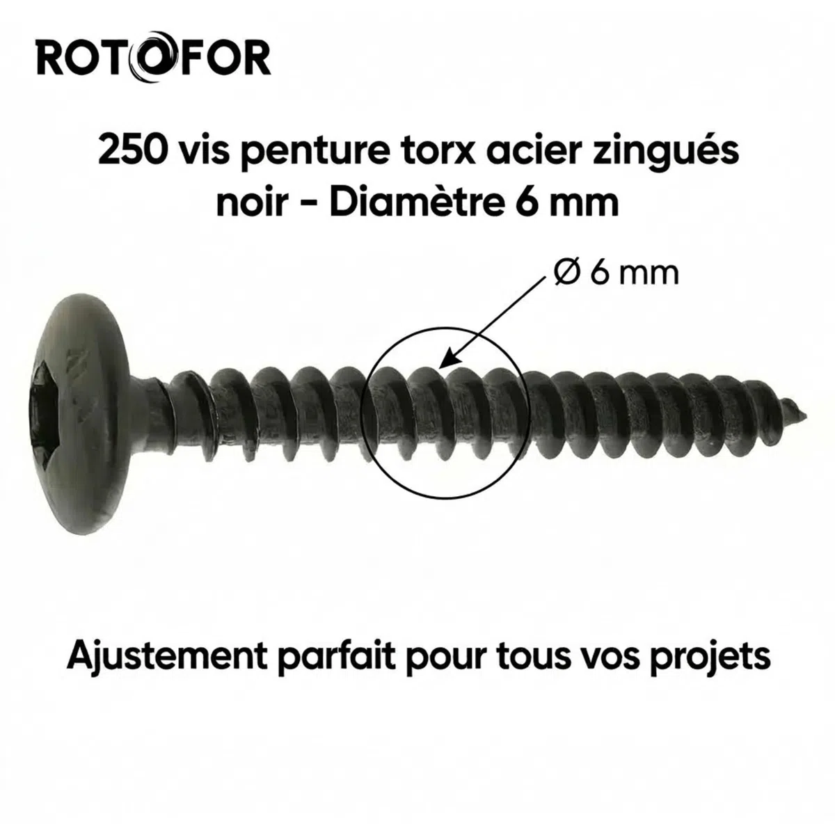 250 Vis Penture Torx acier zingués Noir 6,0 mm - diamètre 6 mm - Longueur 20 mm