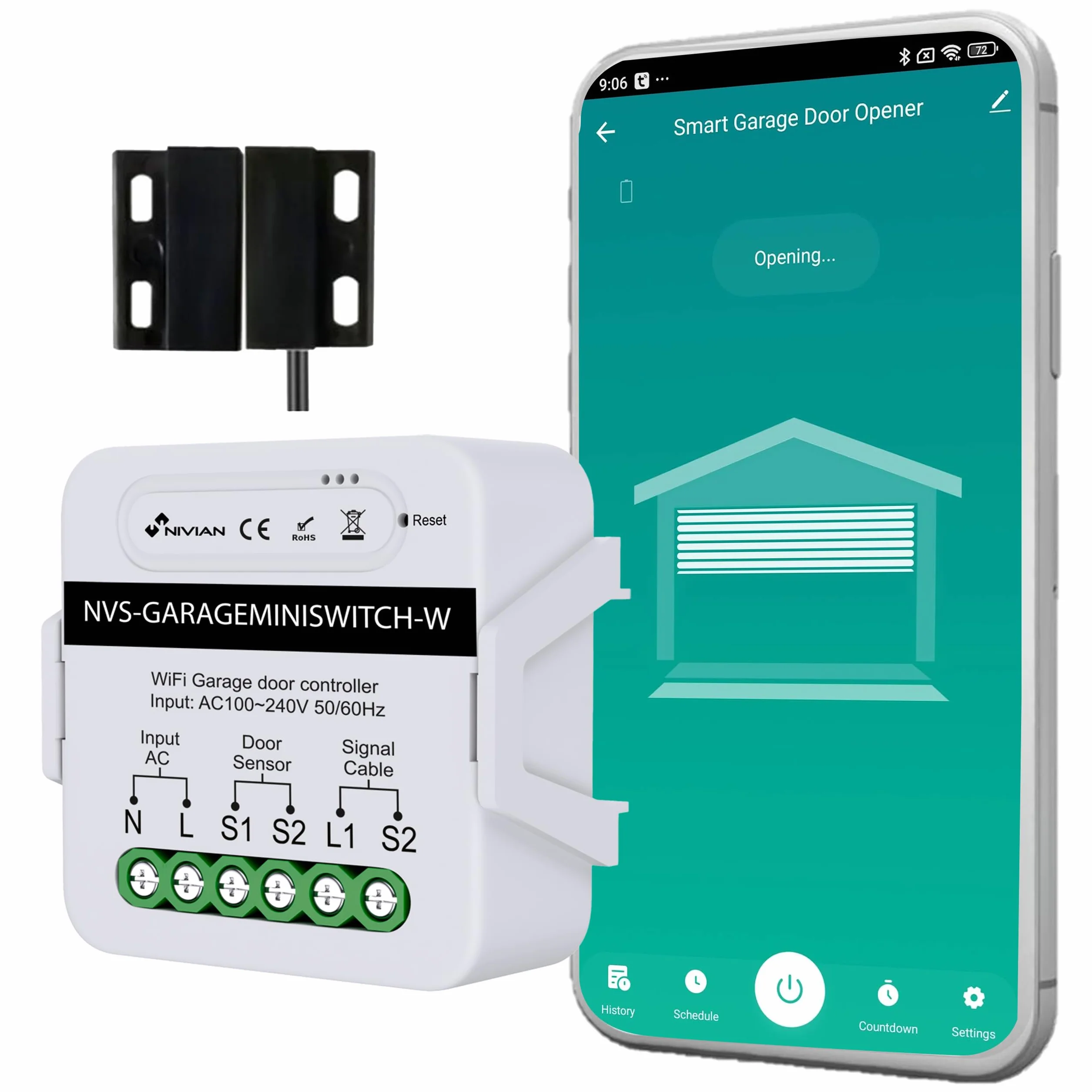 NIVIAN Contrôleur WiFi pour moteur de porte de garage Contrôle à distance par App Tuya/SmartLife Programmation Horaire, Minuterie et Scènes Intelligentes Compatible avec Alexa et Google