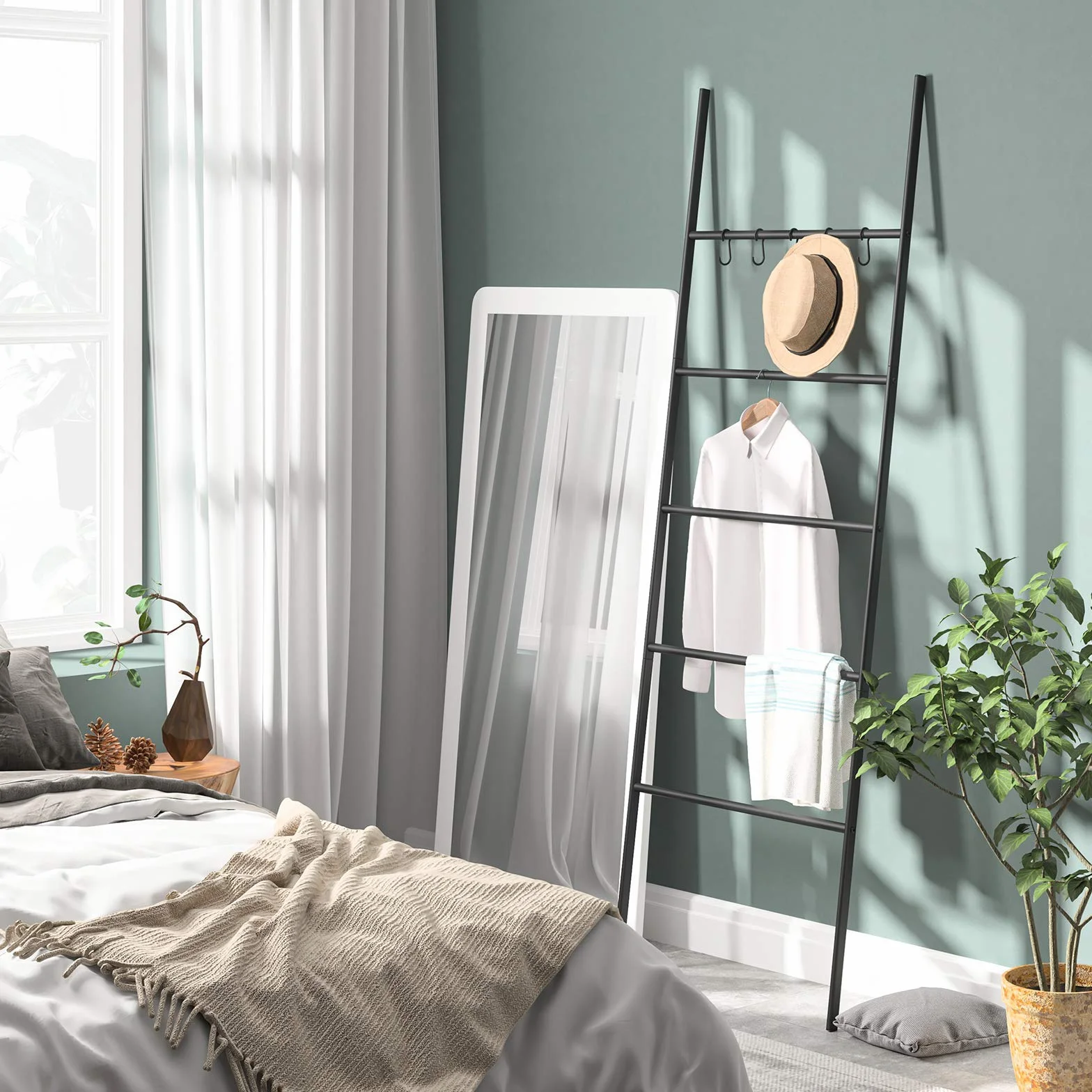 HOOBRO Étagère Échelle, Porte-Serviettes, avec 5 Amovibles Crochets, 58 x 177 cm, Gain de Place, Stable, pour Bain, Salon, Chambre, Bureau, Style Industriel, Montage Facile, Noir EBK62CJ01