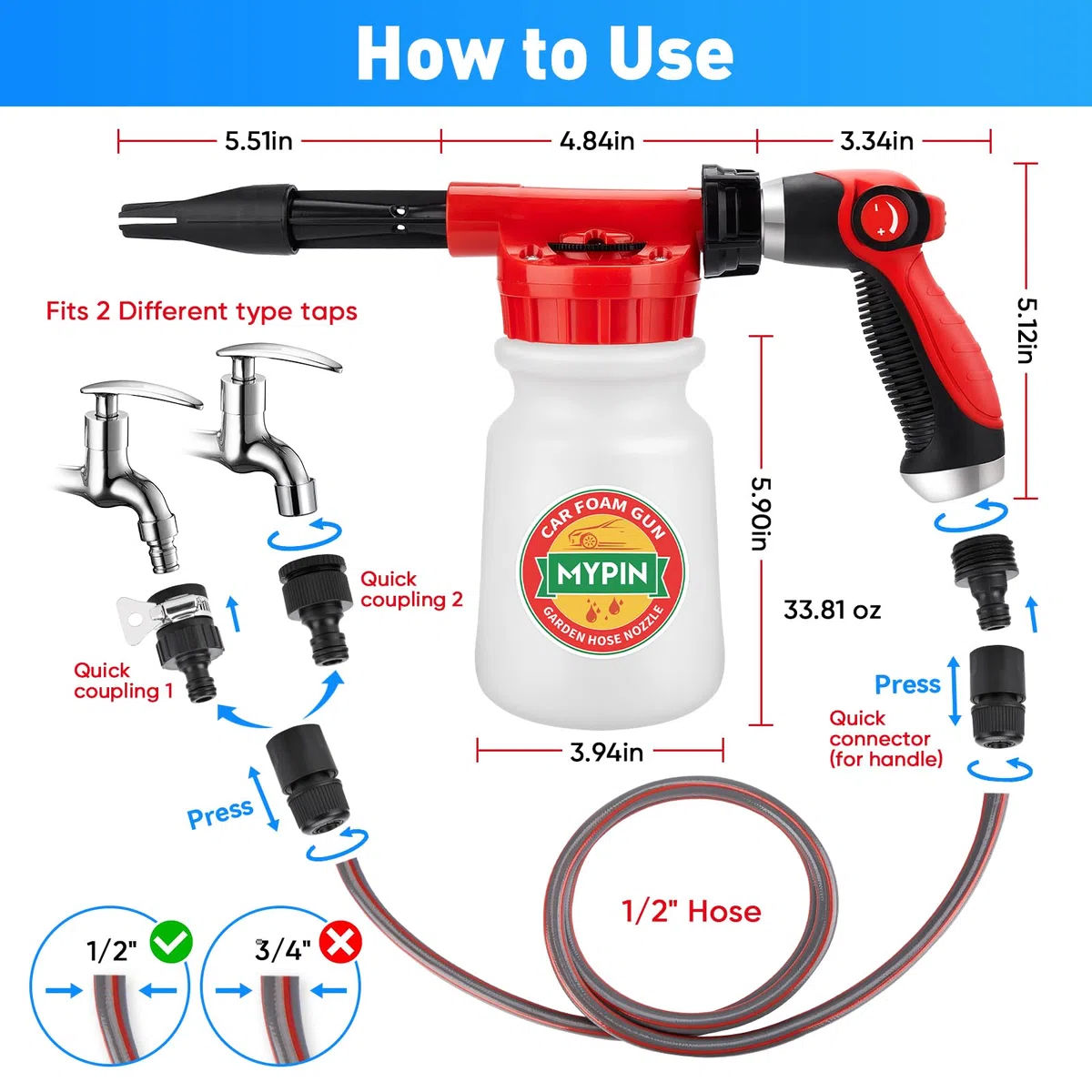 Pistolet à Mousse pour Lavage de Voiture, MYPIN Canon à Mousse Réglable, Pulvérisateur de Tuyau 2,5 à 6 Bars, Convient pour le Nettoyage de Voiture et le Jardin avec Connecteur Rapide 1/2