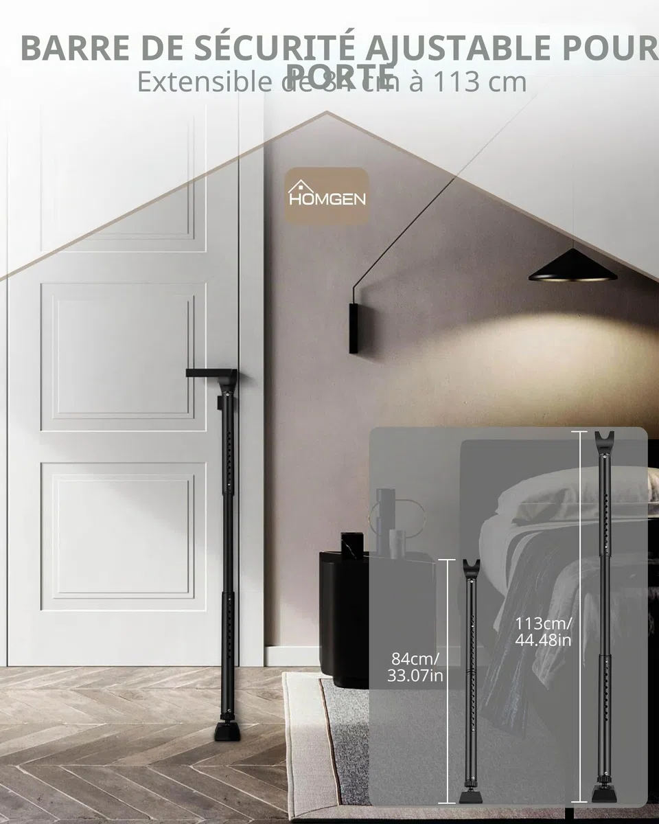 HOMGEN Barre de sécurité réglable pour porte coulissante, barre de verrouillage télescopique haute pour porte française, serrure de terrasse coulissante, noir