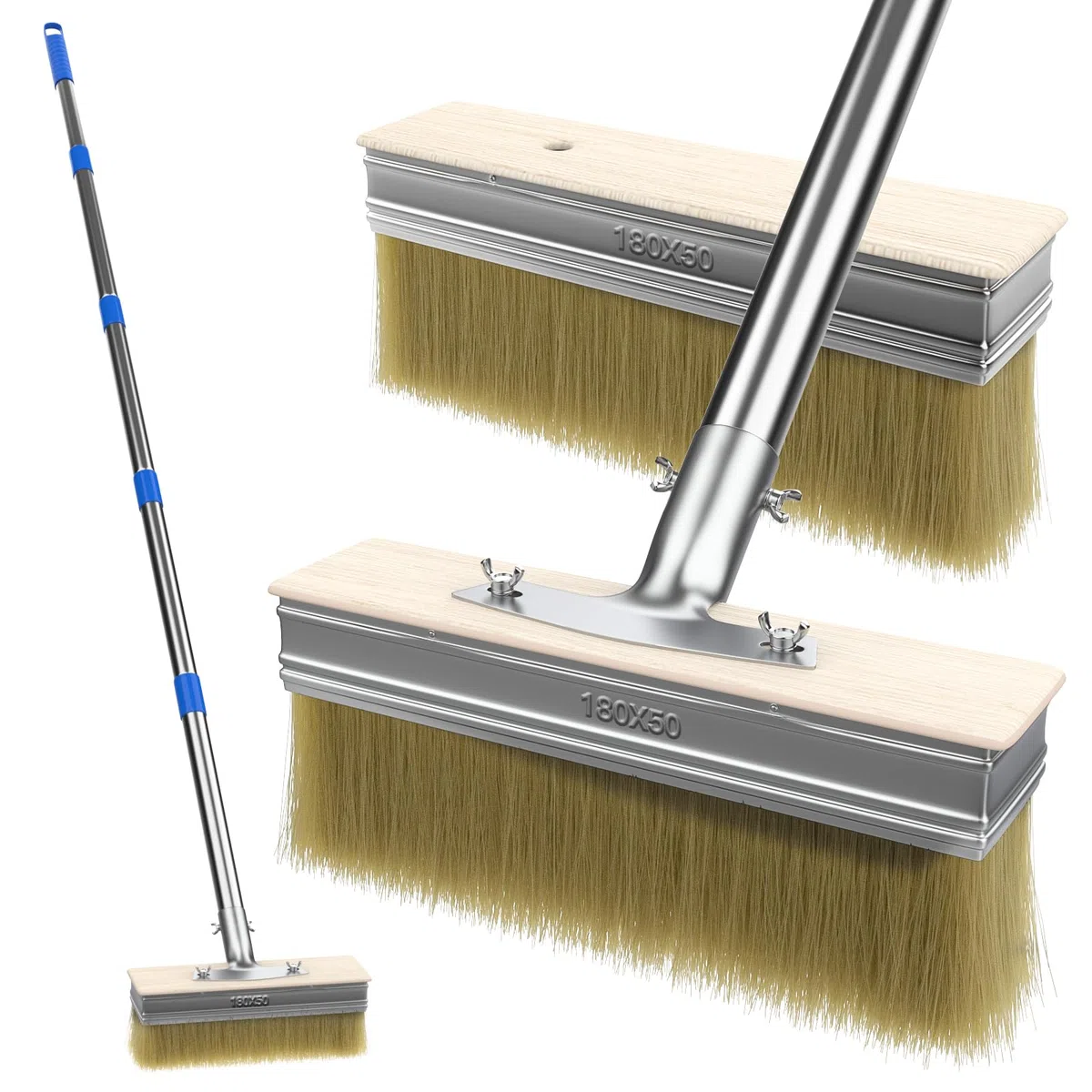 Pinceau de peinture pour terrasse avec manche long de 139,7 cm et 2 têtes de pinceau de 18,1 cm, grand applicateur de teinture pour terrasse pour murs, planchers en bois, teintures pour bois