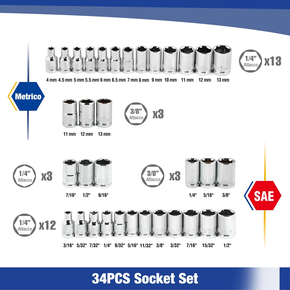 WORKPRO Coffret de Douilles en Cr-V 1/4-inch et 3/8-inch et Clé à Cliquet de Dégagement Rapide (39-Pièce)