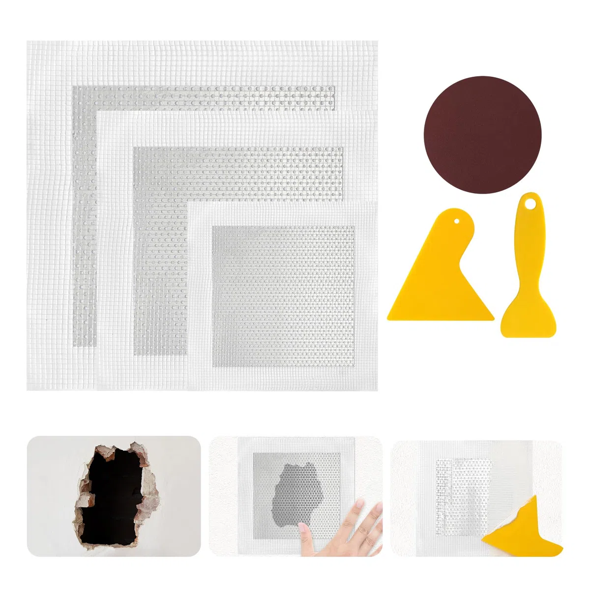 6 Pièces Aluminium Mur Réparation Kit, Cache Trou Mur Fissure Maille Sèches Patch Plaque (6 Réparations + Papier de Verre + Grattoir)