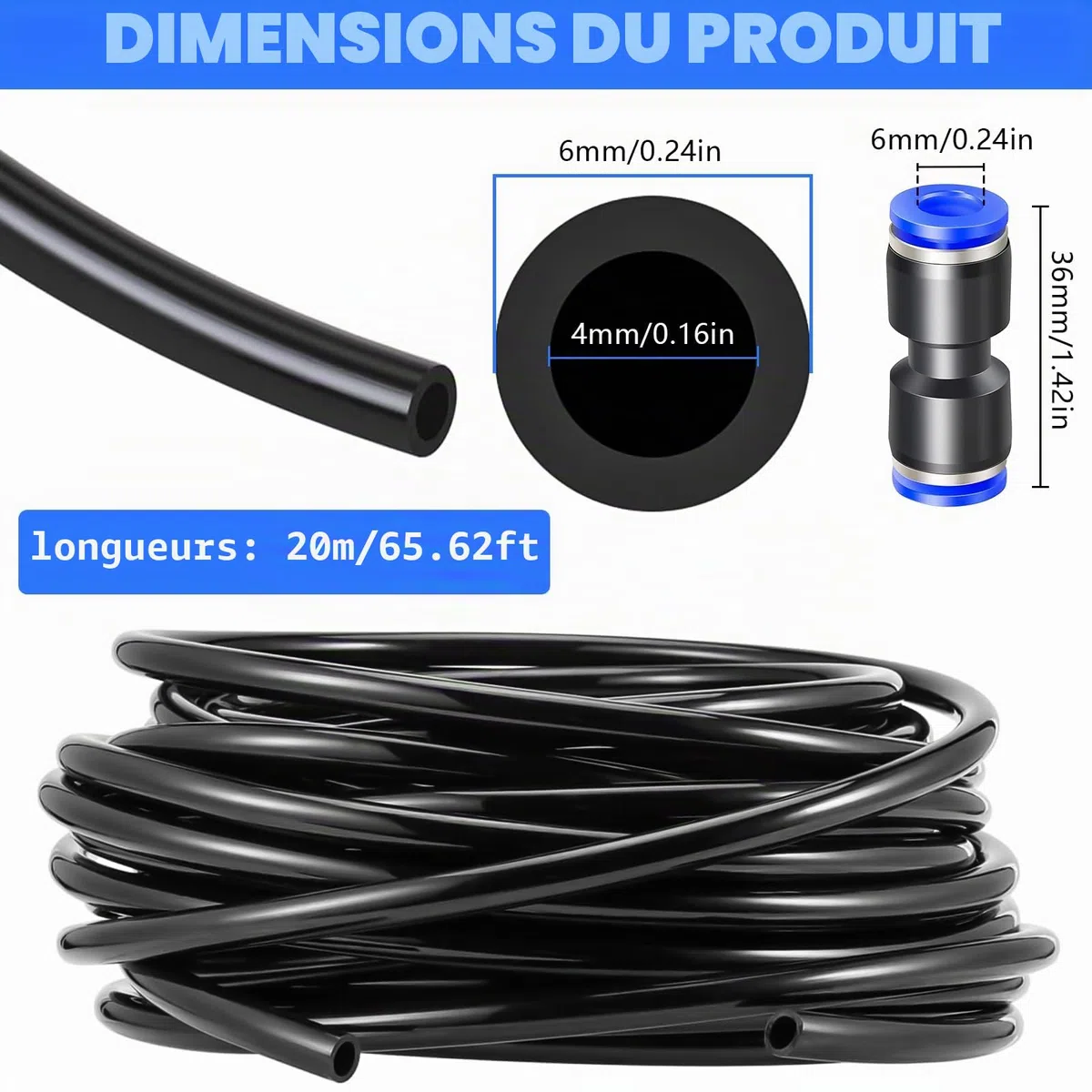 20m Tuyau Pneumatique, Tuyau Pneumatique 6mm avec 4 Connecteurs Pneumatiques, pour Equipements Pneumatiques, Industriels et Domestiques (Noir)