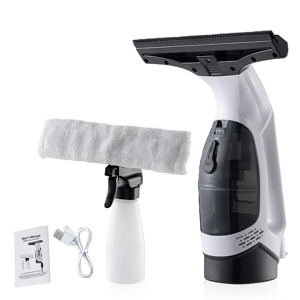 Aspirateur de fenêtre sans fil : aspirateur de fenêtre et pulvérisateur, aspirateur électrique avec bandes en caoutchouc souple, vaporisateur et serviette pour fenêtres, carreaux, miroirs et