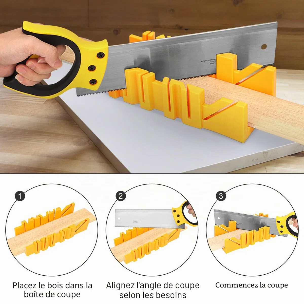 Boîte à onglets avec scie, boîte à onglets avec scie à dos, guide à onglet en plastique avec compartiment de scie, boîte à scie à onglet pour travail du bois, angle de 22,5°, 45°, 90° réglable