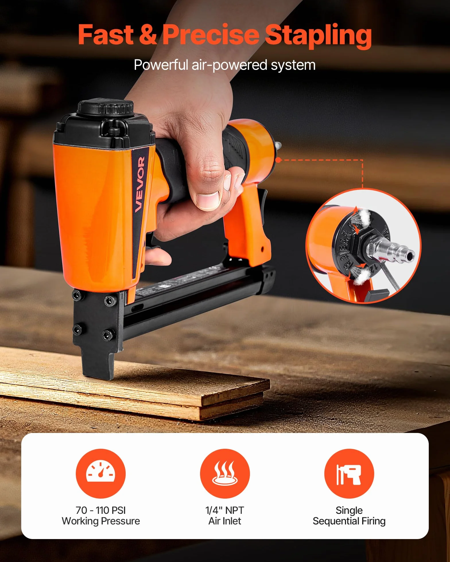 VEVOR Agrafeuse Pneumatique, Calibre 21, Compatible avec Agrafes Standard Série 80 (Non Incluses), de Largeur de Couronne 12,8 mm, de Longueur 6-16 mm, 4,8-7,6 bar, pour Travail du Bois, Tapisserie