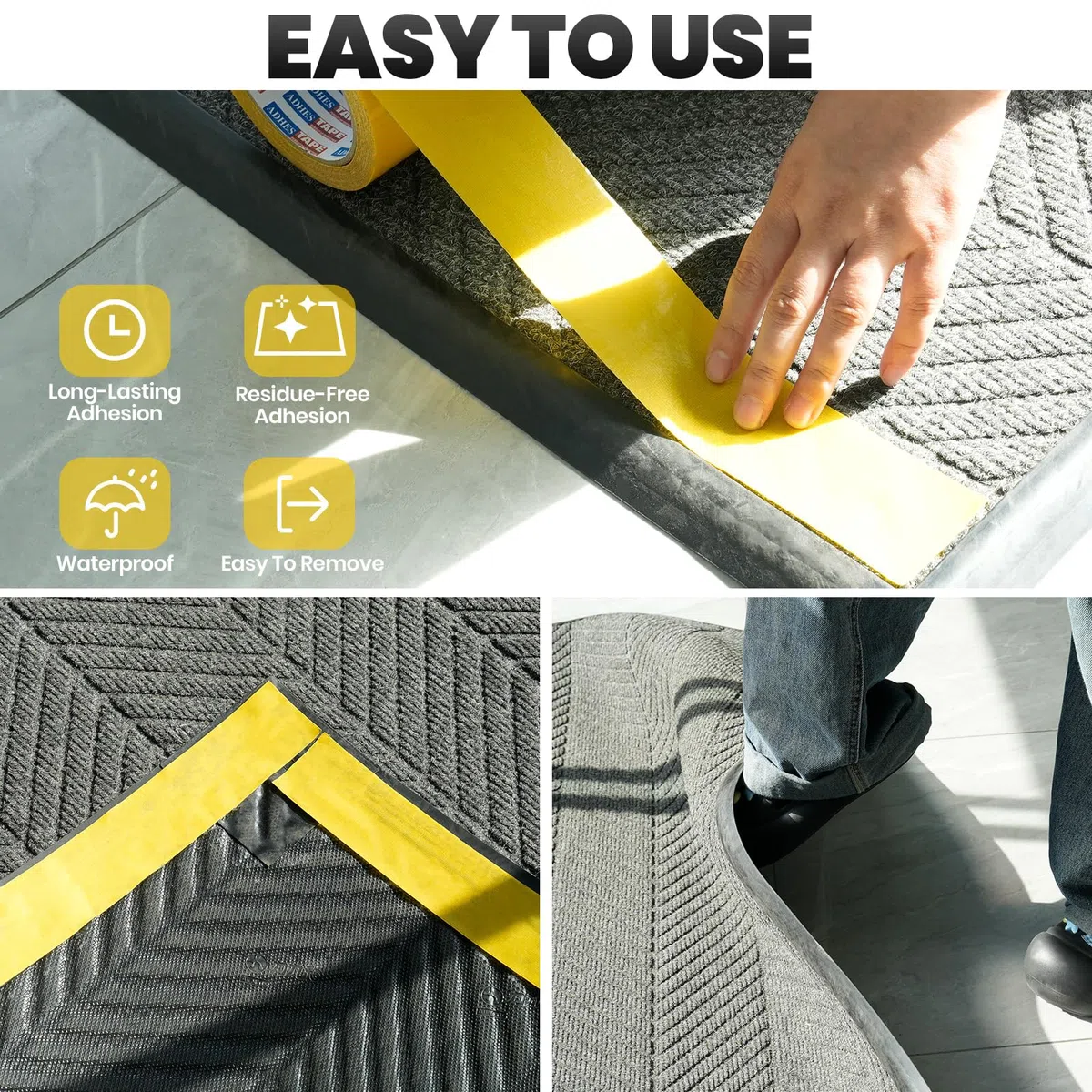 ADHES TAPE PURSUIT OF PERFECTION Adhésif pour tapis Ruban double face moquette et autres fixations,5cm x 9m, jaune/Lot de 4
