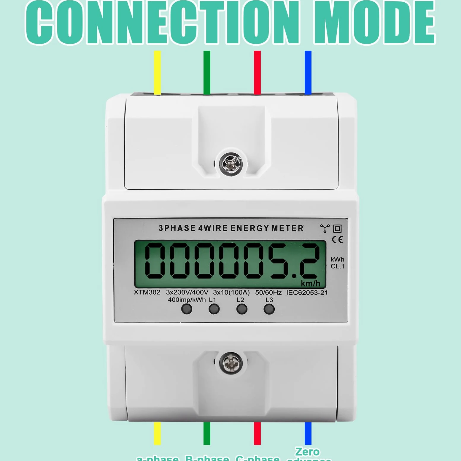 Compteur d'électricité triphasé, compteur triphasé 100 A, compteur d'électricité calibré avec affichage LCD, compteur d'électricité numérique 50/60 Hz, triphasé, 4 fils, pour rail DIN, sous-compteur,