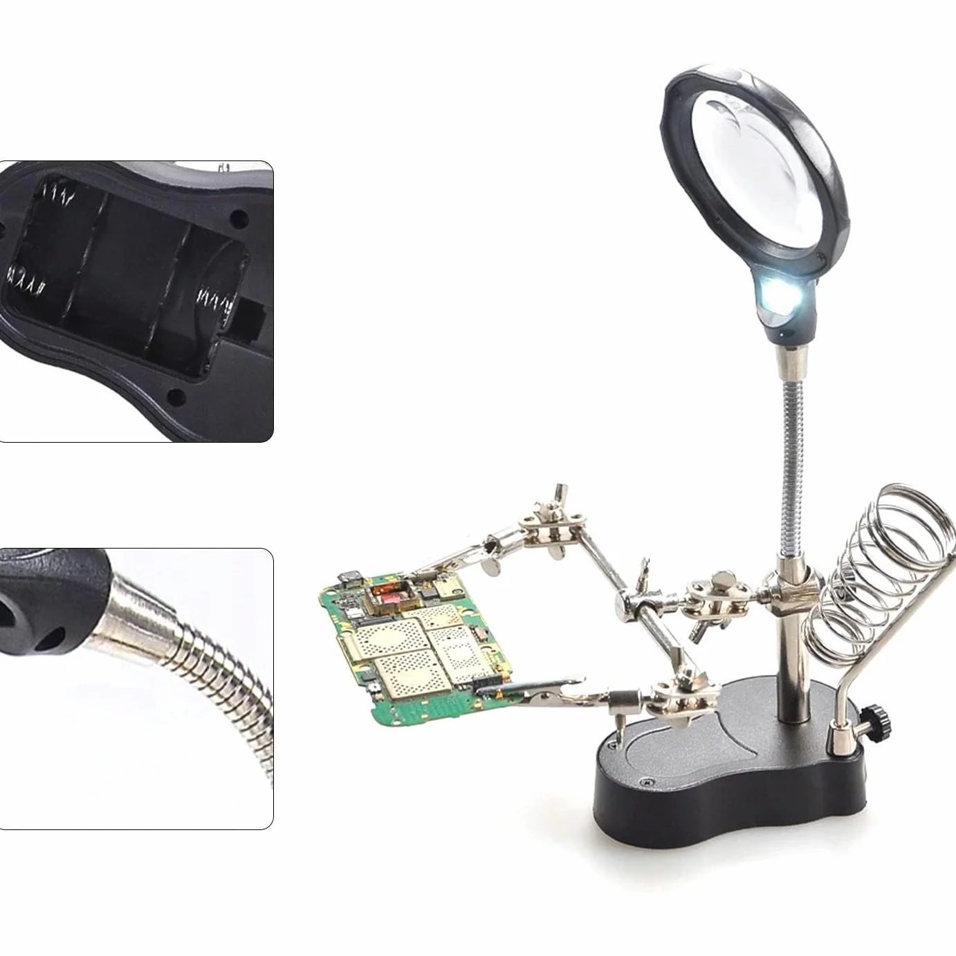 Troisième Main avec Loupe TE-801 – Grossissement 3,5x/12x, LED x2 | Base 10x6cm, Hauteur 26cm | Support Fer à Souder | Pour Soudure, Électronique | Accessoire Atelier