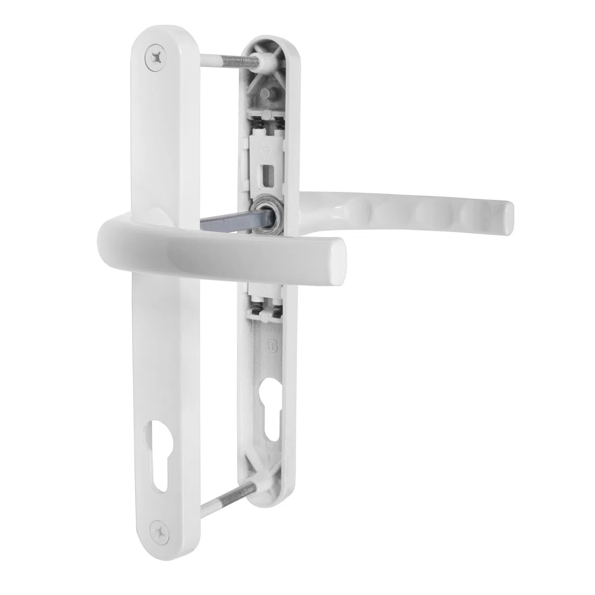 JCP Paire de poignées de porte en uPVC, centre de vis 211 mm, ensemble de ressorts 92 mm PZ, plaque arrière 240 mm x 30 mm, Blanc