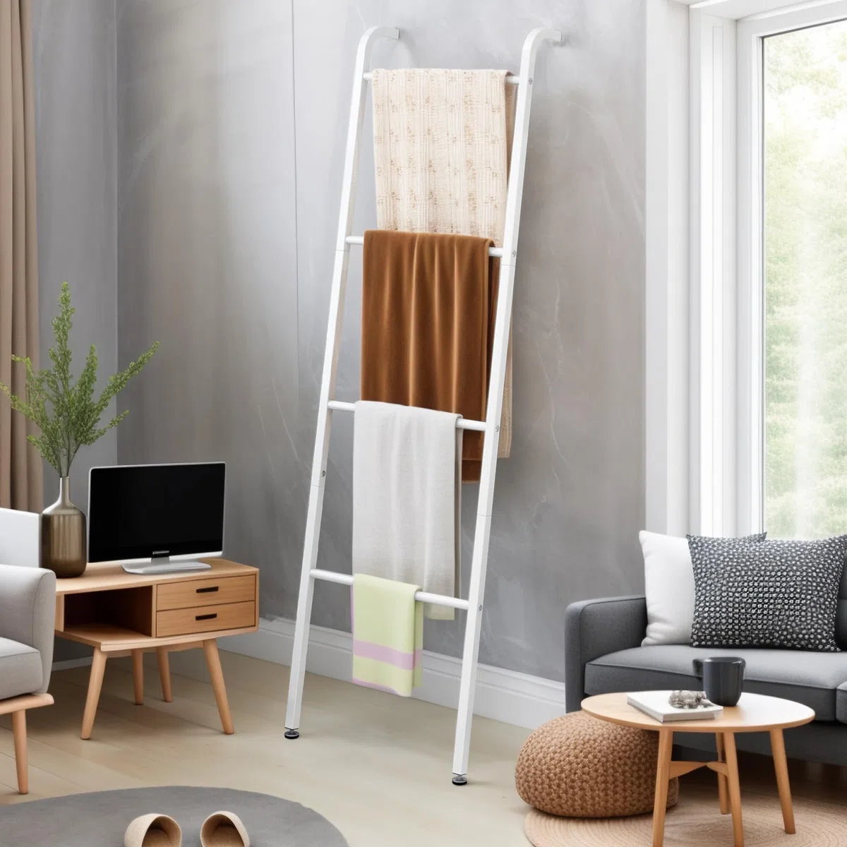 Porte-serviettes blanc à 4 niveaux, Porte-serviettes mural décoratif en forme d'échelle pour serviettes de plafond, salle de bain, chambre à coucher, salon