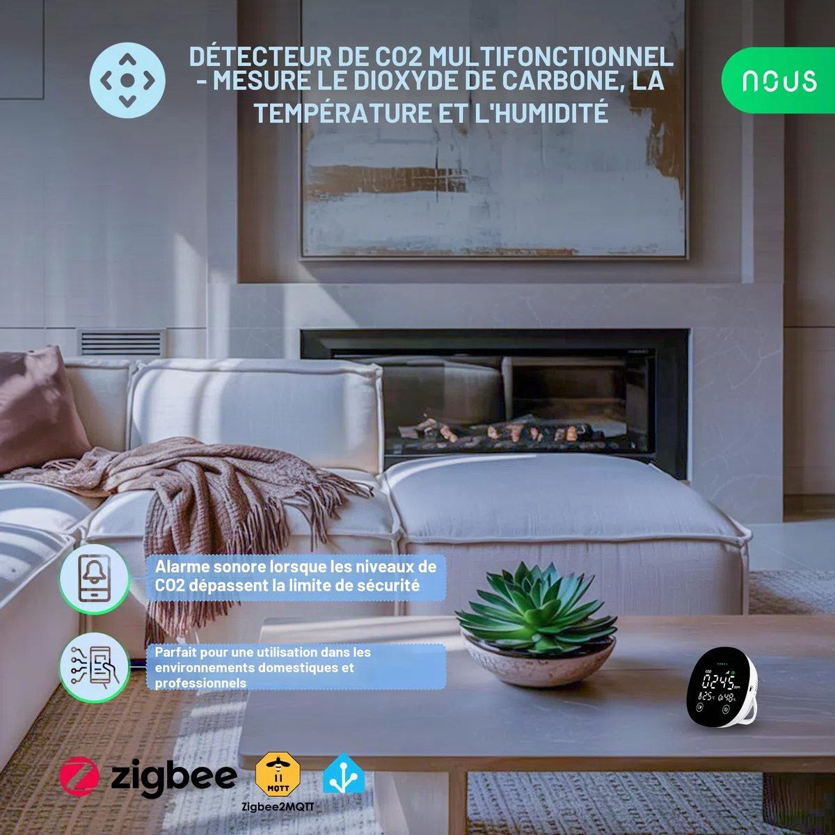 NOUS E10 Détecteur ZigBee CO2 avec Capteur de Température & Humidité, Moniteur Intelligent de Qualité de l’Air, Écran LED, Alertes Sonores&App, Suivi en Temps Réel, Zigbee 3.0, Compatible Alexa & Tuya