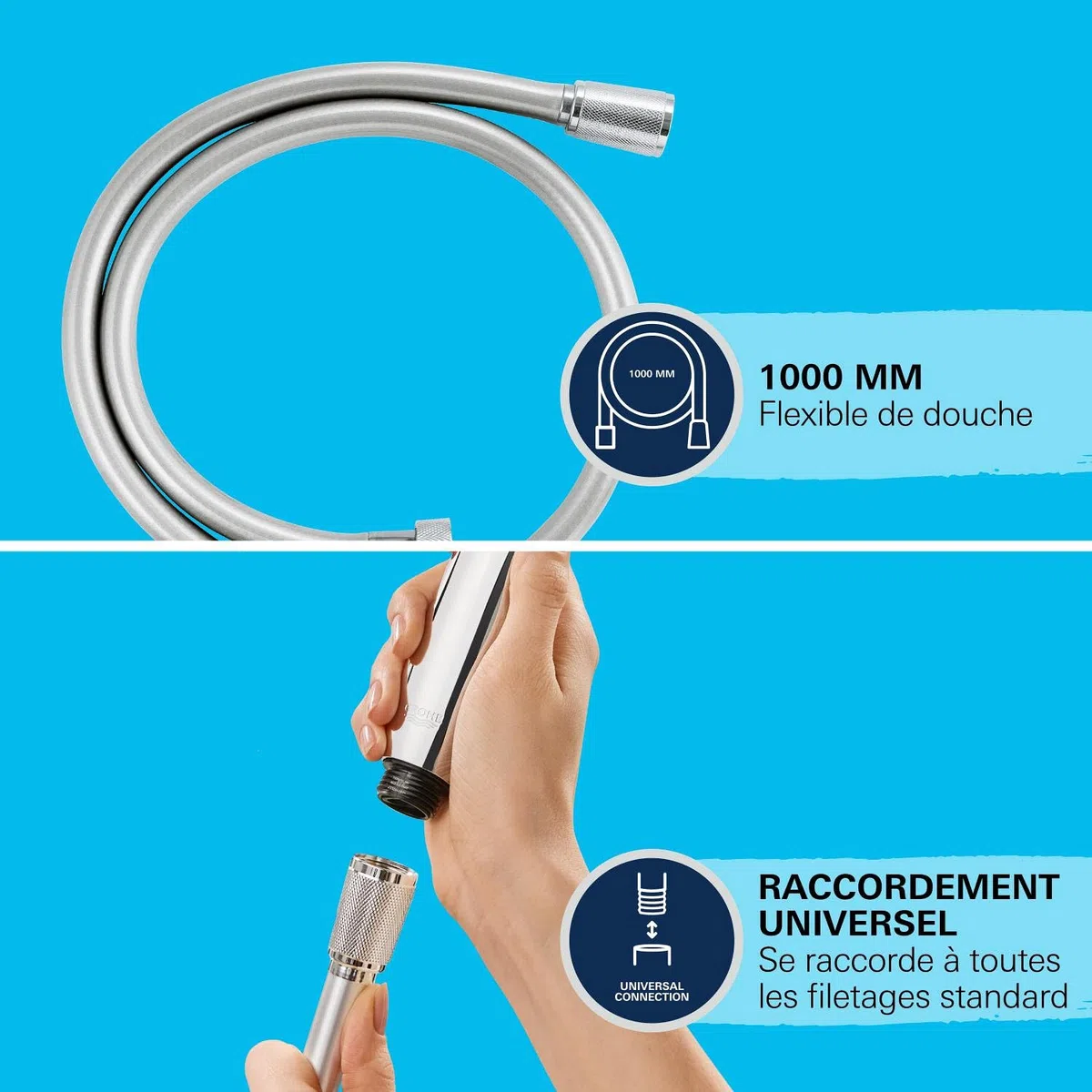 GROHE VitalioFlex Silver Long-Life TwistStop Flexible de douche 1000mm, anti-pliures, finition brillante, raccord fileté universel 1/2", chromé 22111000 (Import Allemagne)