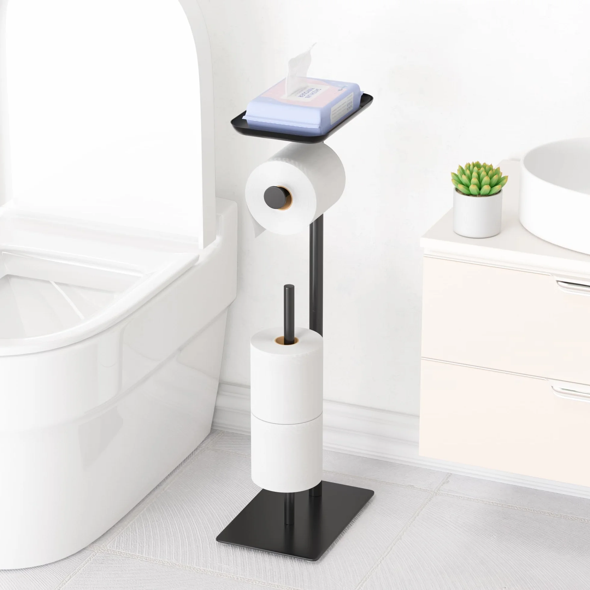 Porte-Rouleau de Papier Toilette autoportant avec étagère supérieure, Peut contenir 4 Rouleaux, Distributeur de Papier Toilette en Acier Inoxydable pour Salle de Bain