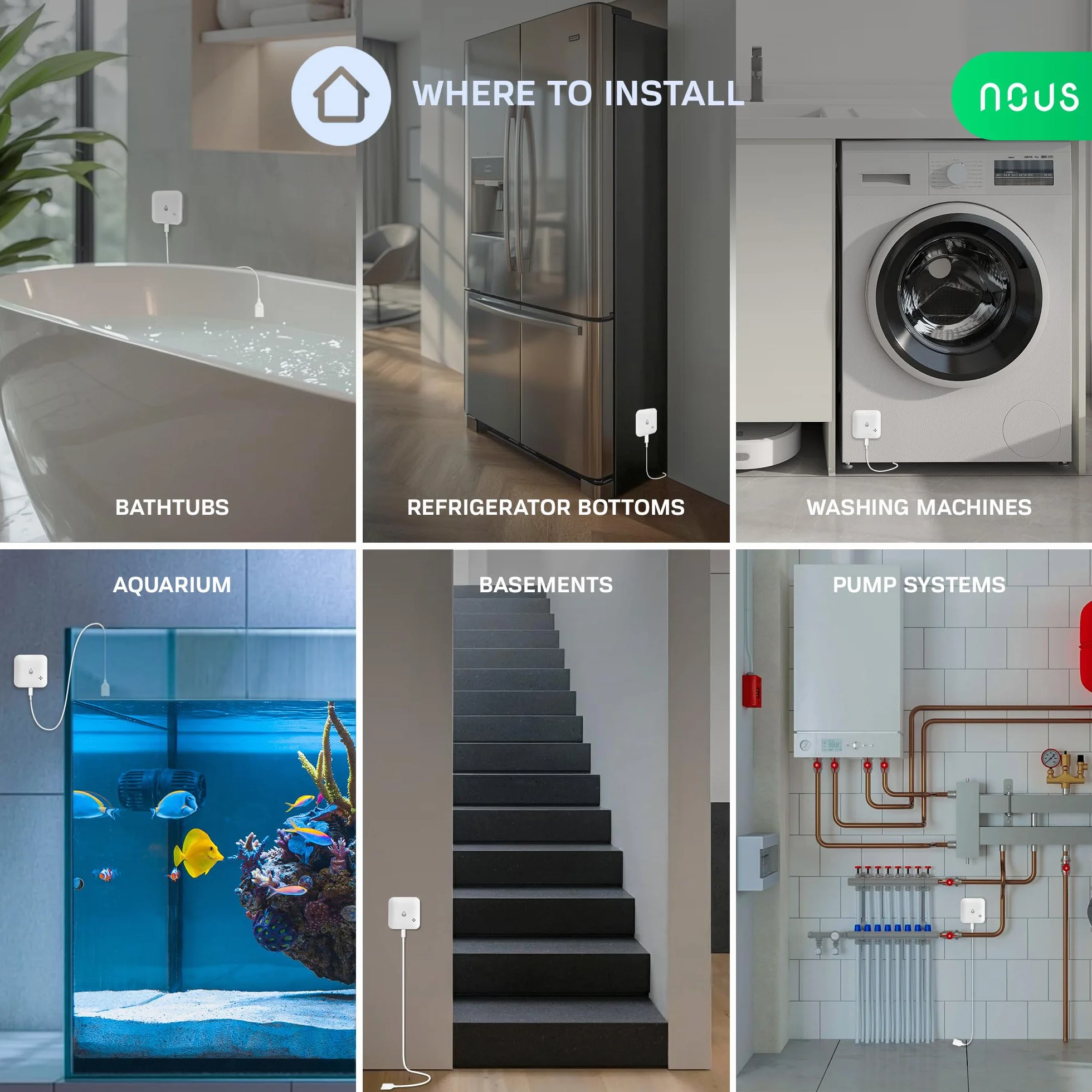 Nous ZigBee Capteur d'eau E13 pour Fuite ou Manque d'eau, Alarme 80 DB, Notification d'application, IP66, Fonctionne avec Piles (2 x AAA), Compatible avec Alexa, Google Home, hub ZigBee nécessaire