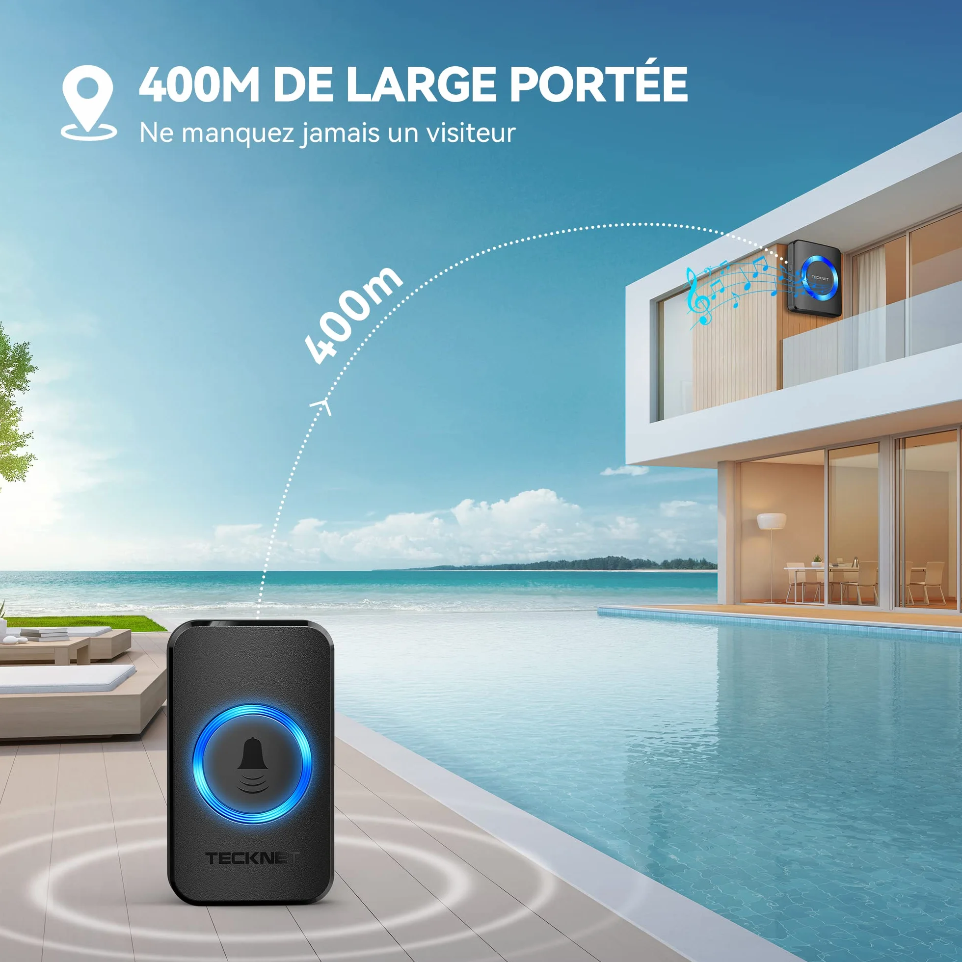TECKNET Sonnette sans Fil, IP65 Exterieur Étanche Carillon 400 Mètres Two Récepteur Sonnette Electronique, 60 Mélodies 5-Niveaux LED Bleu, pour Maison, Hôtel, Urgence