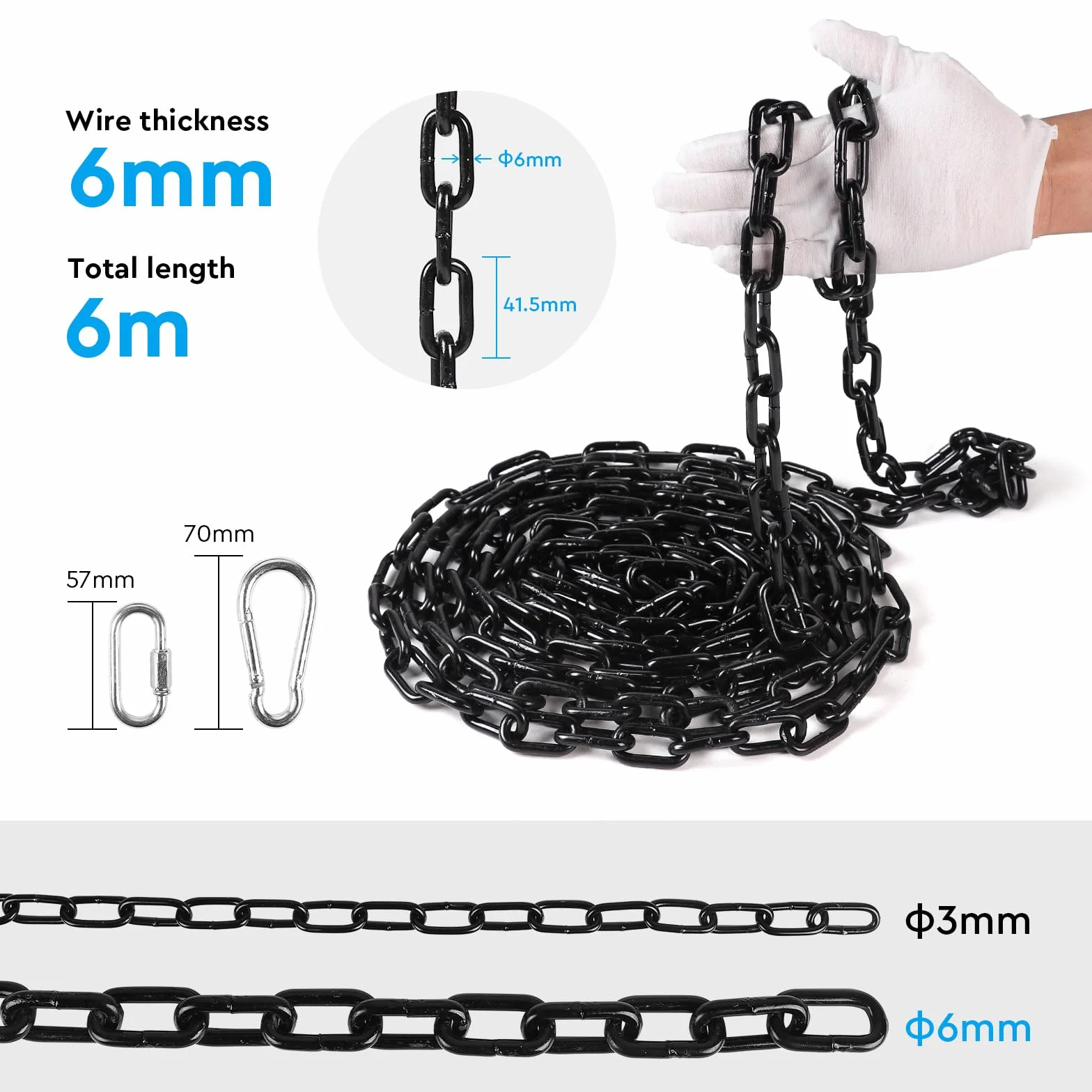 SWAWIS 6m Noir Chaine Acier au Carbone Ø 6 mm, Chainette Metal avec M6 Connecteur à Dégagement Rapide et Pince à Ressort, Chaîne Noir Électrophorétique de Surface pour Hamacs Clôtures Antivol de Vélo