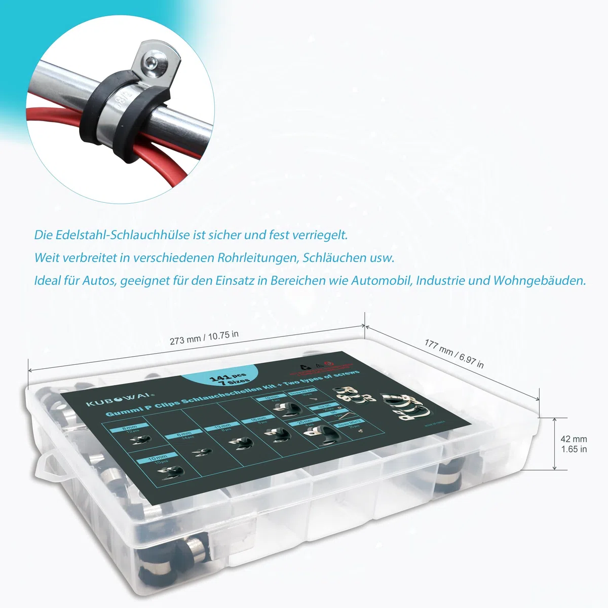 Lot de 141 Colliers de Serrage en Caoutchouc P en Acier Inoxydable 304 avec Insert en Caoutchouc, 7 Tailles (6 mm/8 mm/10 mm/13 mm/16 mm/19 mm/25 mm)