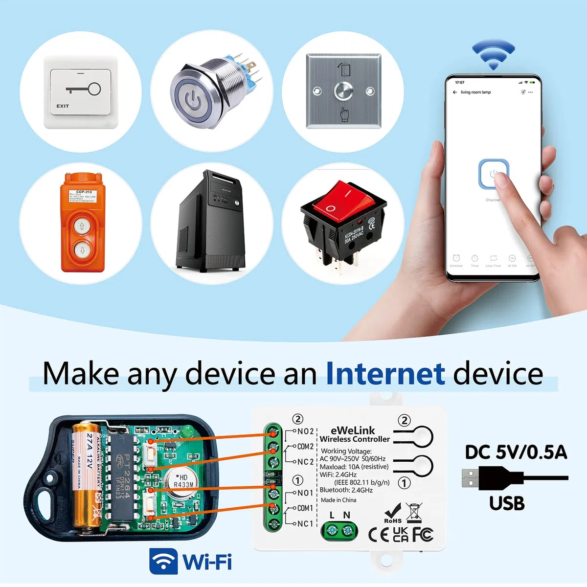 DieseRC Interrupteur Intelligent WIFI 2 canaux, AC 90V-250V 220V Sortie Passive Module Relais, Ewelink APP Contrôle WIFI compatible avec Alexa/Google Home, commutateur Inching/autobloquant