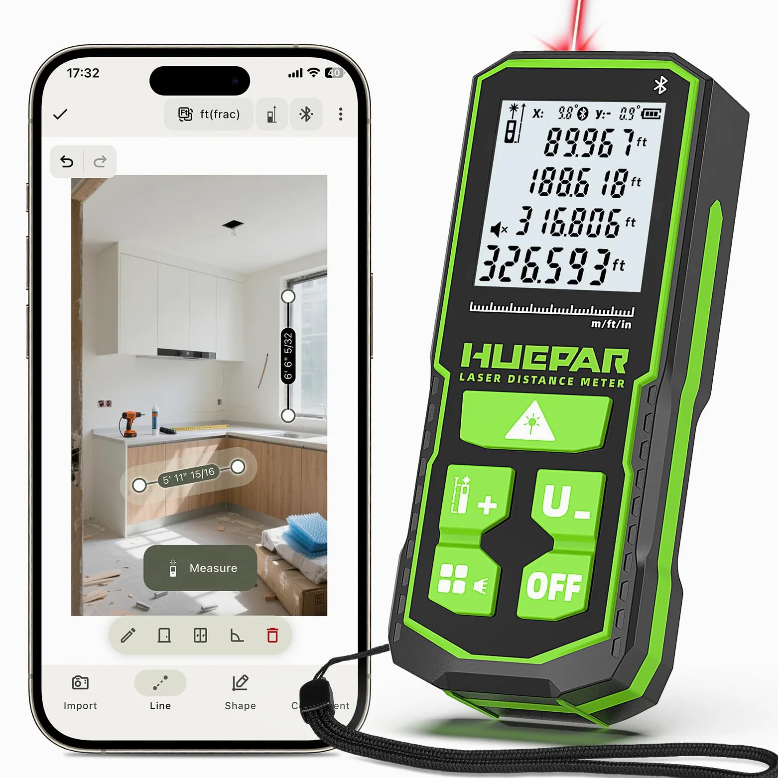 Télémètre Laser Huepar 328Pieds (100M) avec Batterie Rechargeable & Affichage d’Angle Double, Mesureur Laser M/in/Ft Fonction Muette & Modes Multi-Mesures, Pythagore, Distance, Surface & Volume-S100