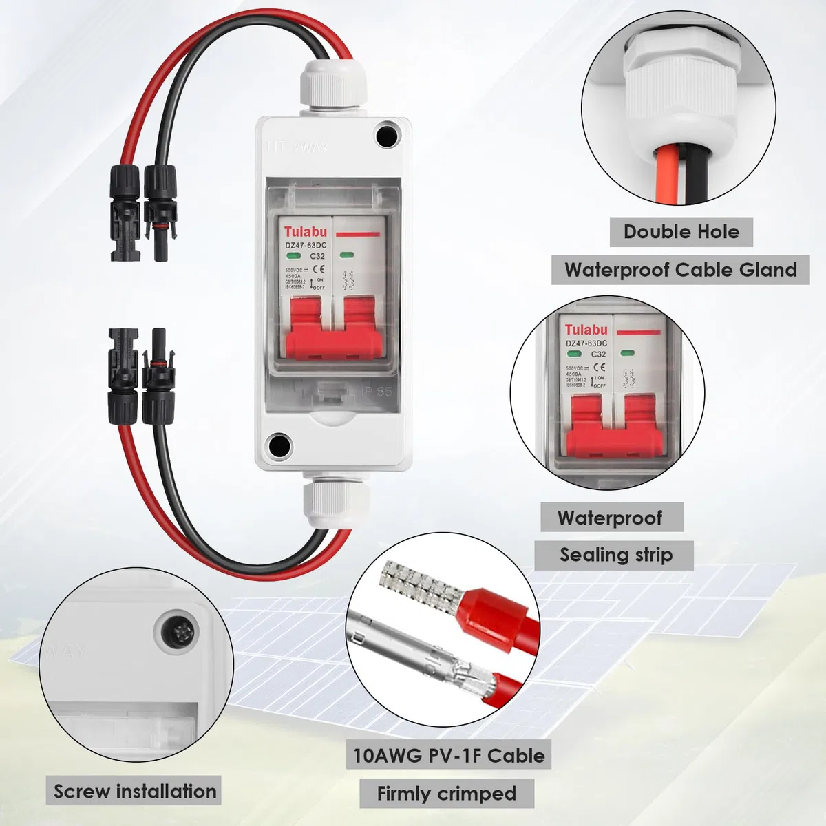 500V 32A Disjoncteur DC pour Installation PV, Sectionneur Solaire, Disjoncteur DC Pour Systèmes Photovoltaïques Réparation Remplacement, IP65 Sectionneur PV Étanche